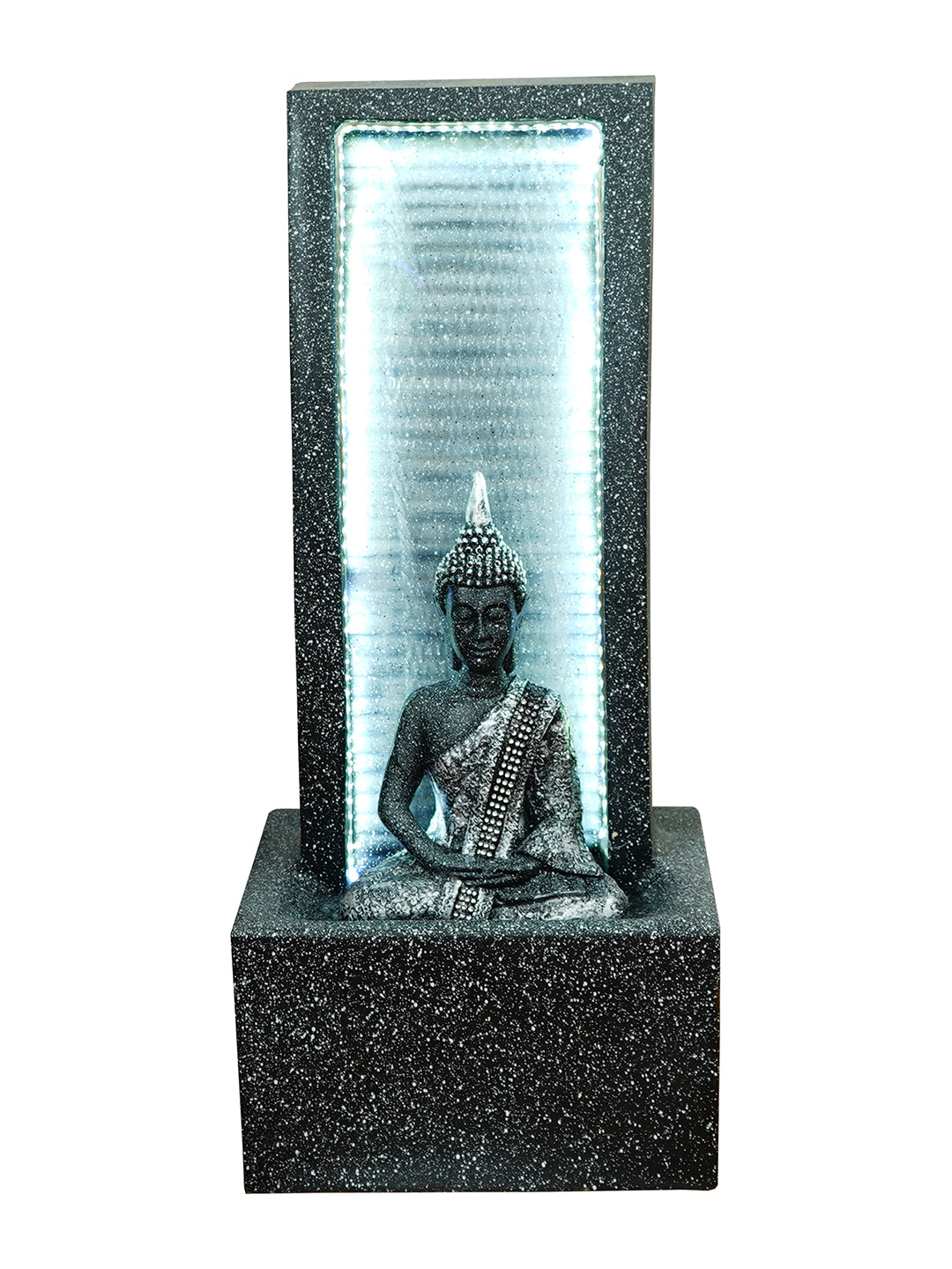 Polystone Black Meditating Buddha Water Fountain with LED Light Effects and Water Pump for Home/Office/Indoor Decoration