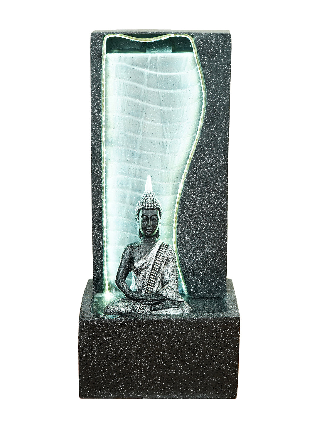 Polystone Grey Meditating Buddha Water Fountain with LED Light Effects and Water Pump for Home/Office Decoration