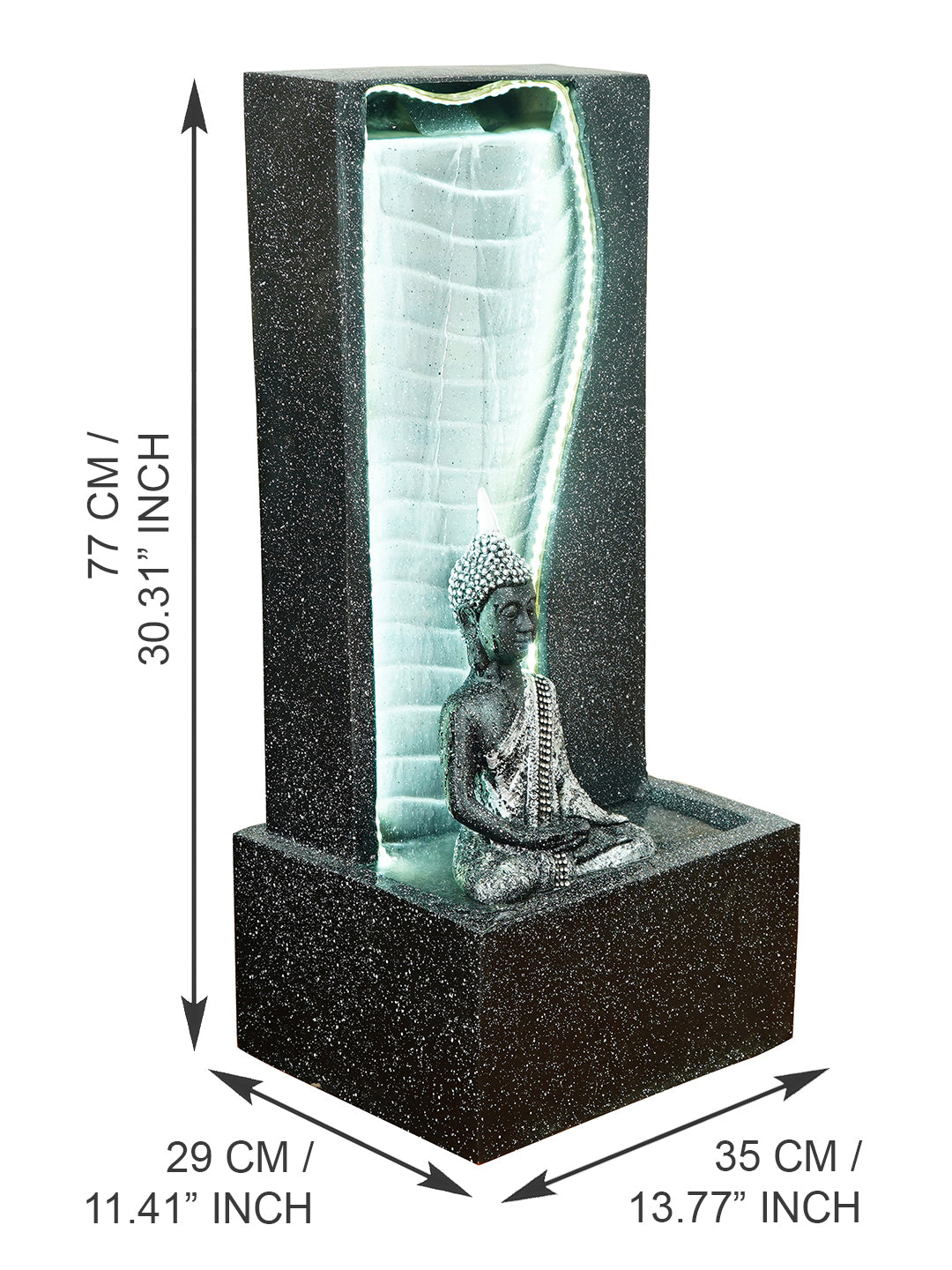Polystone Grey Meditating Buddha Water Fountain with LED Light Effects and Water Pump for Home/Office Decoration 1