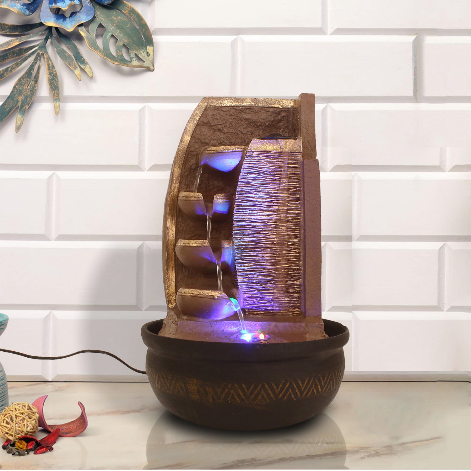 Brown Designer 4 Step Golden Finish Polyresin Water Fountain With Led Lights 16.5 X 10.5 Inch