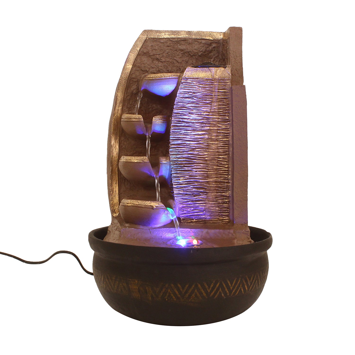 Brown Designer 4 Step Golden Finish Polyresin Water Fountain With Led Lights 16.5 X 10.5 Inch 1