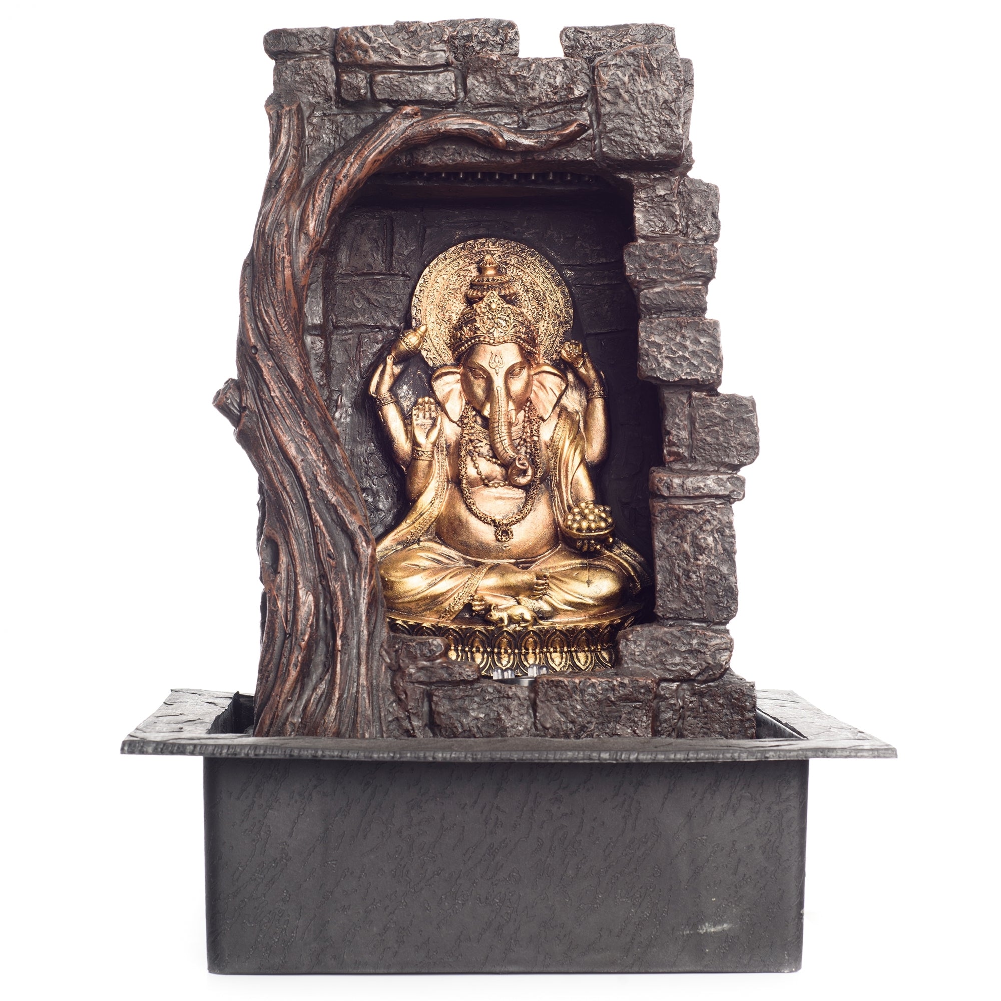 Polystone Brown and Golden Textured Lord Ganesha Idol Water Fountain 1