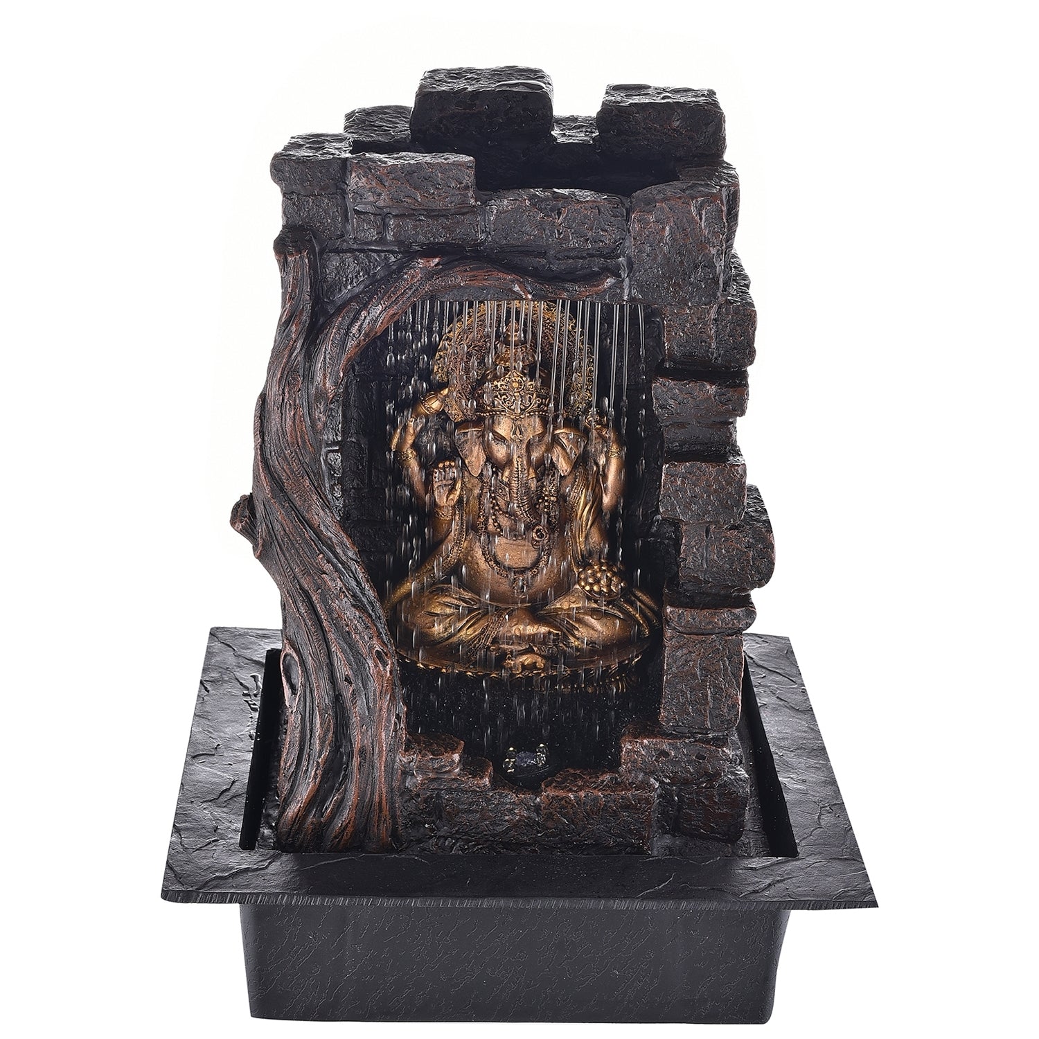 Polystone Brown and Golden Textured Lord Ganesha Idol Water Fountain 3