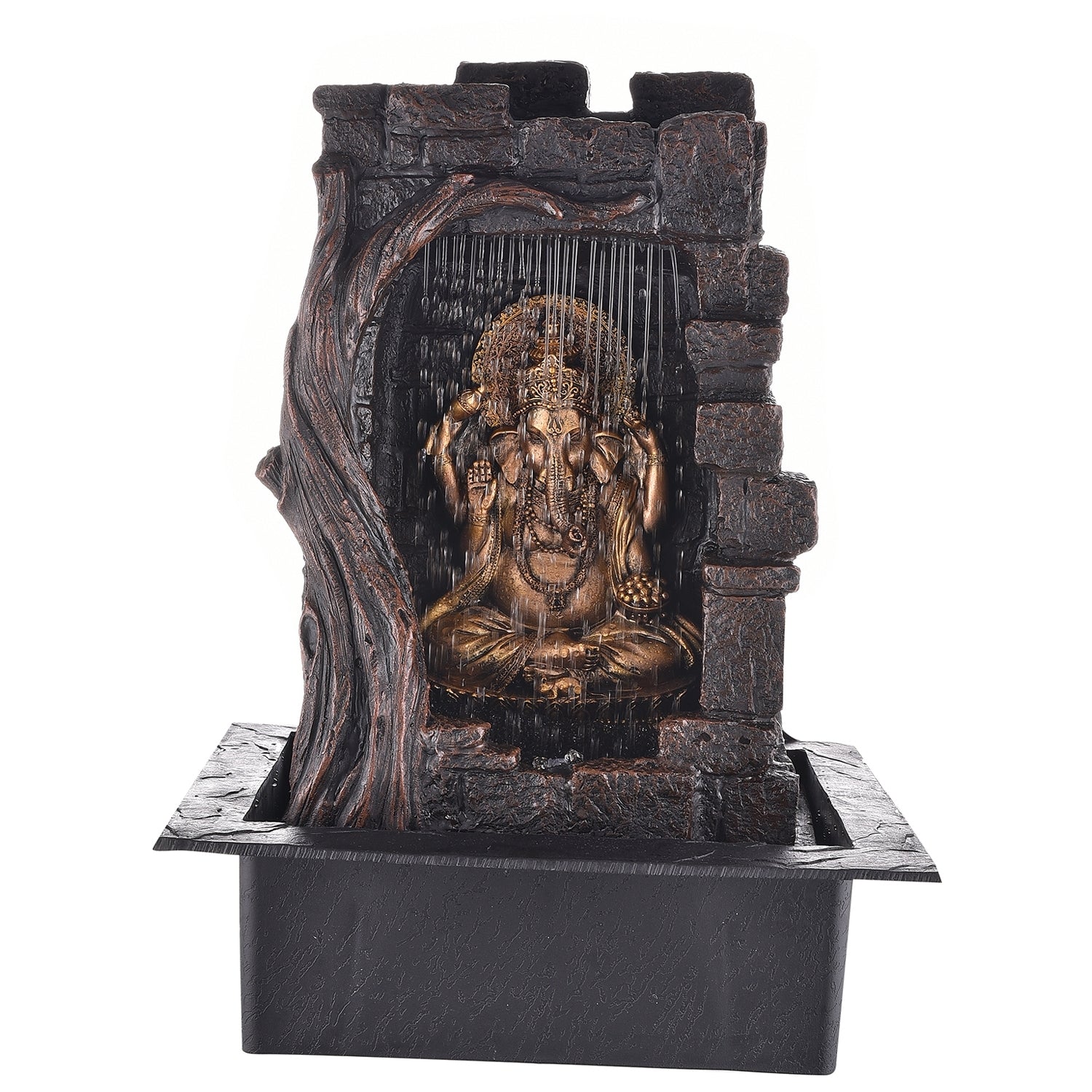Polystone Brown and Golden Textured Lord Ganesha Idol Water Fountain 4