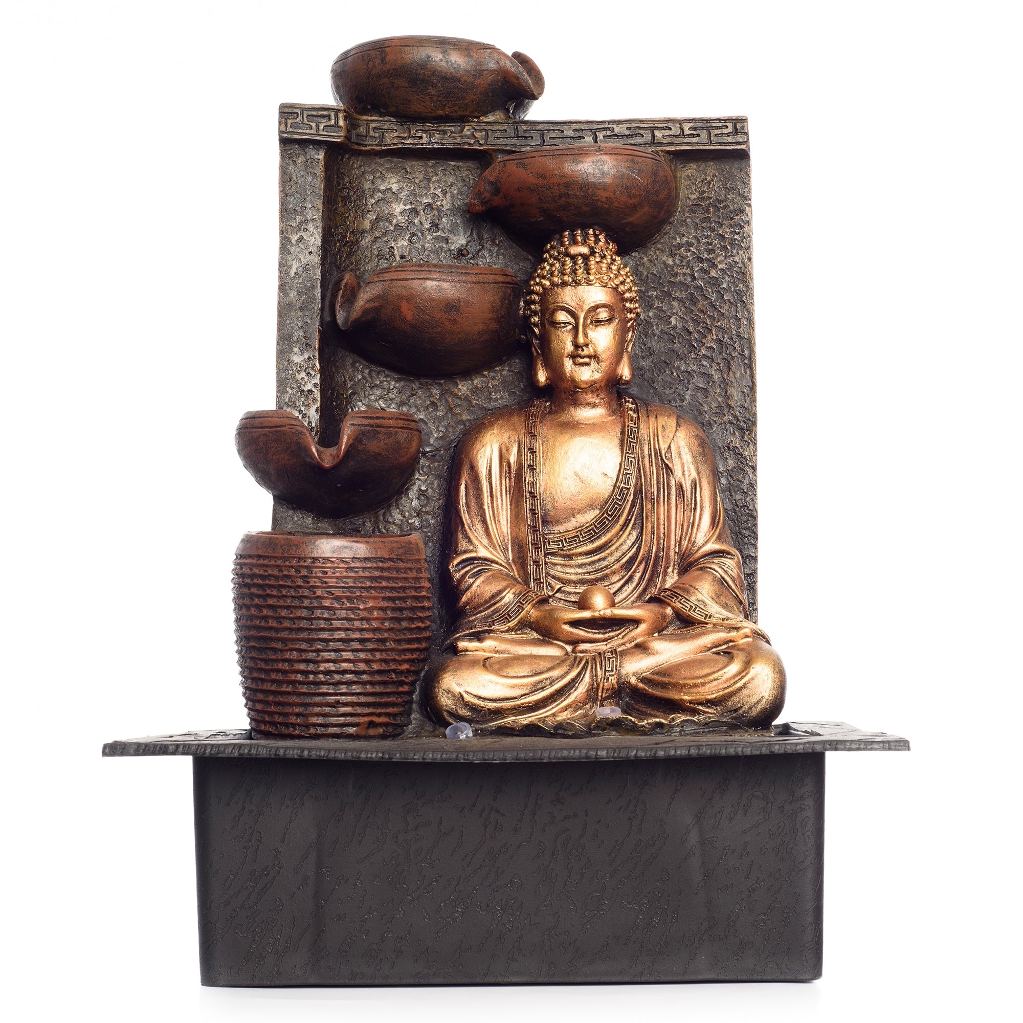 Polystone Brown and Golden Meditating Lord Buddha Water Fountain with LED Light Effects and Water Pump for Home/Office Decor 1
