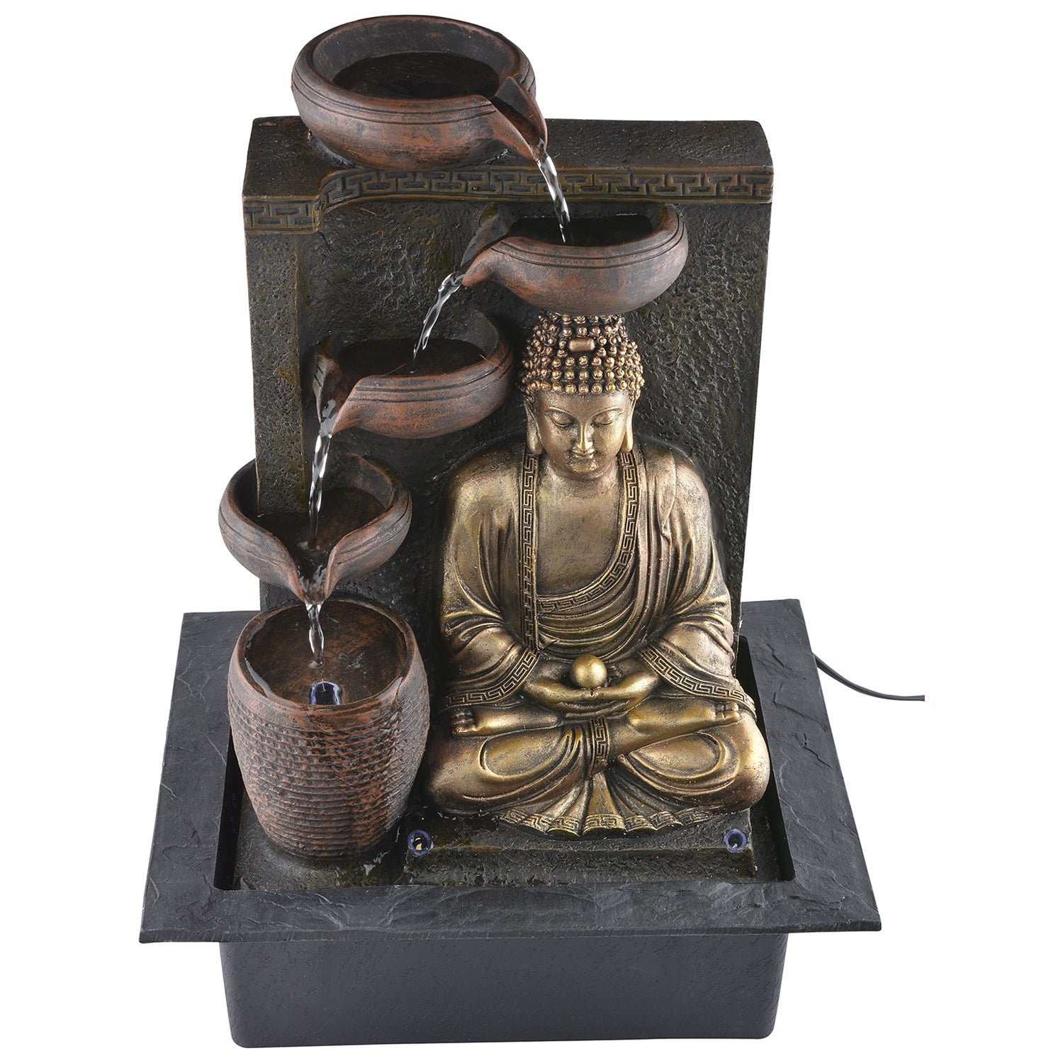 Polystone Brown and Golden Meditating Lord Buddha Water Fountain with LED Light Effects and Water Pump for Home/Office Decor 3