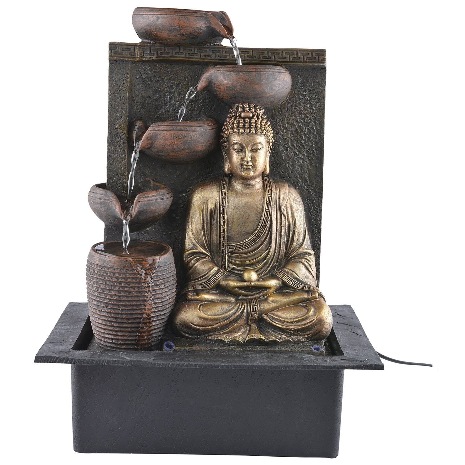 Polystone Brown and Golden Meditating Lord Buddha Water Fountain with LED Light Effects and Water Pump for Home/Office Decor 4