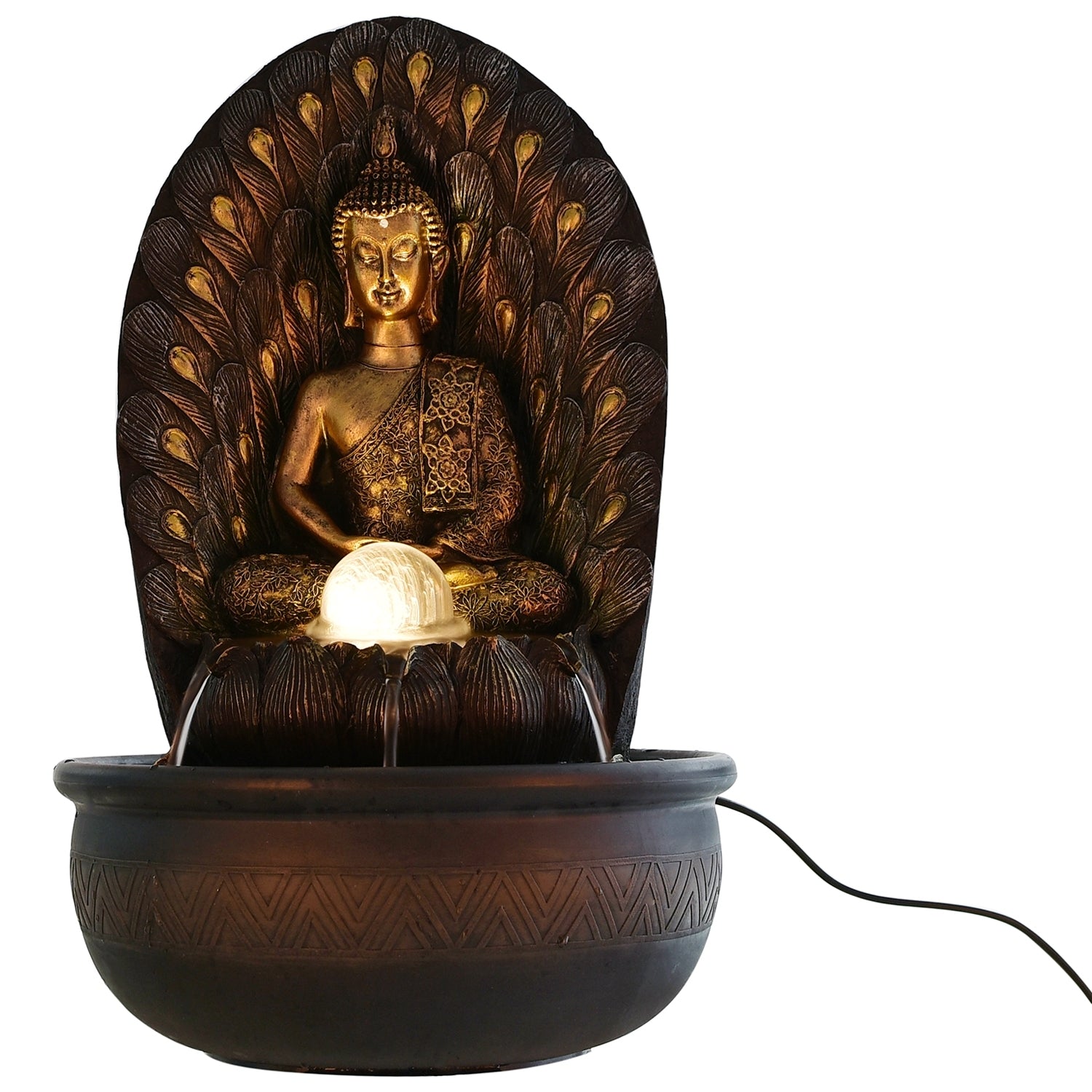 Polystone Leaf Textured Brown and Golden Meditating Buddha Idol Water Fountain With Crystal Ball for Home/Office Decor