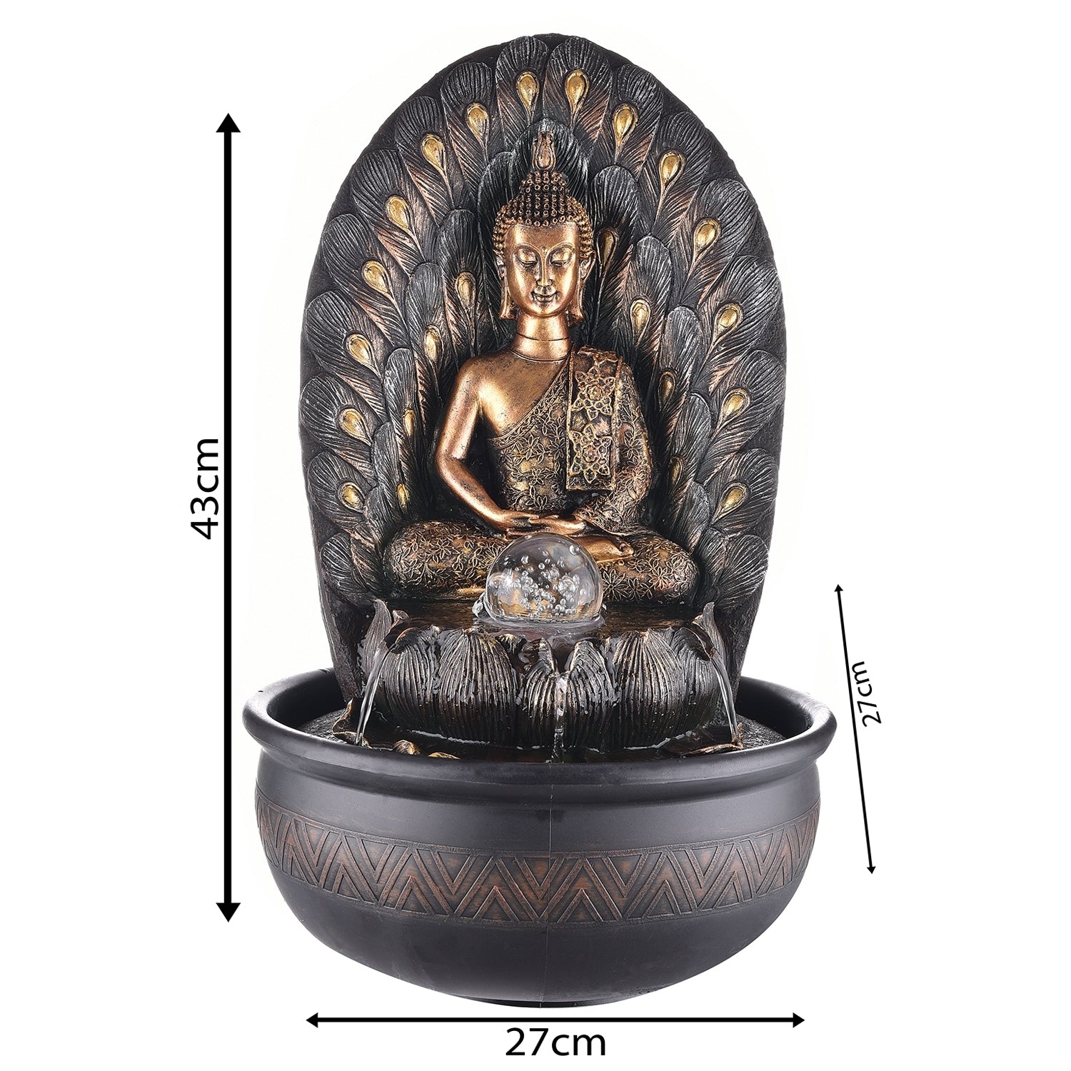 Polystone Leaf Textured Brown and Golden Meditating Buddha Idol Water Fountain With Crystal Ball for Home/Office Decor 1
