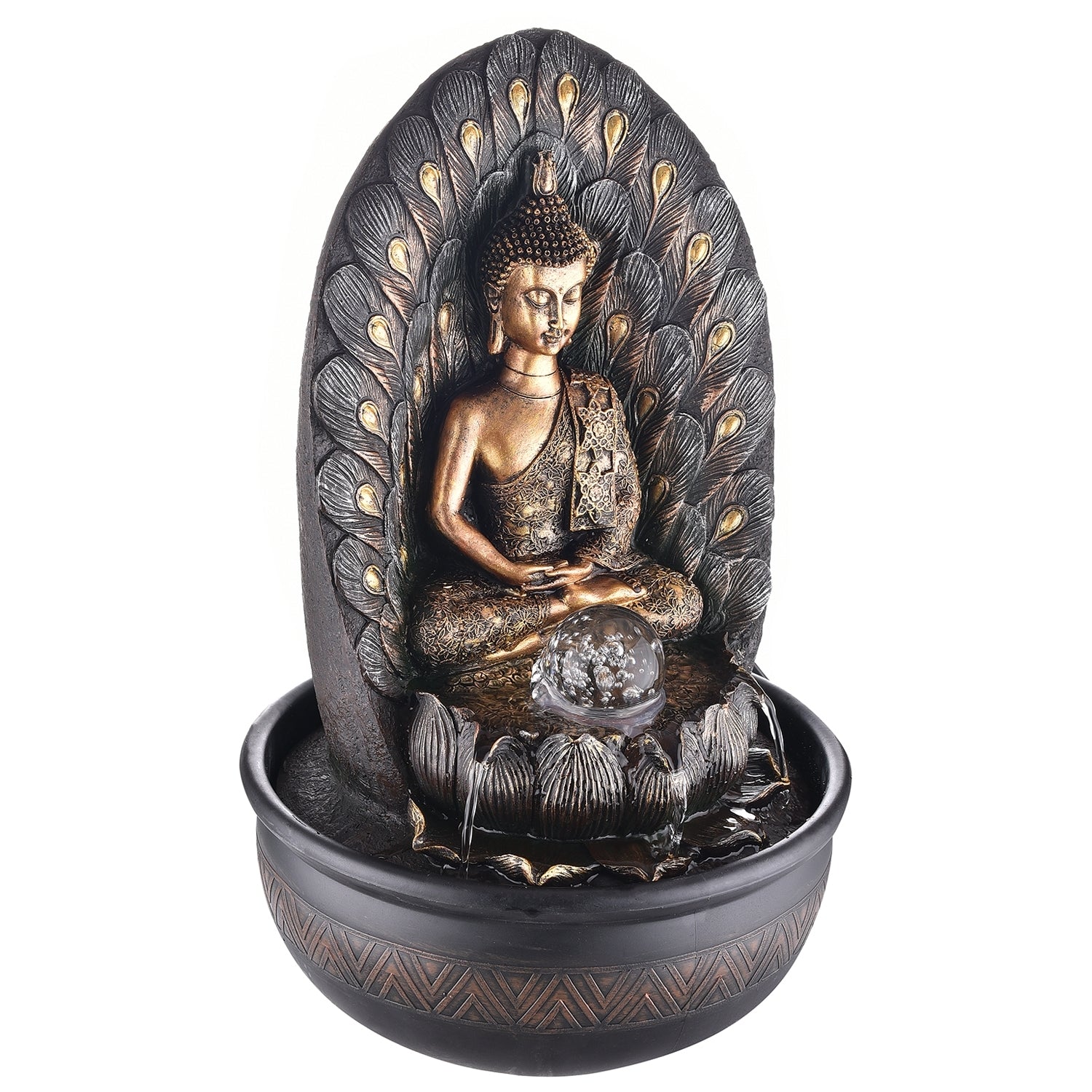 Polystone Leaf Textured Brown and Golden Meditating Buddha Idol Water Fountain With Crystal Ball for Home/Office Decor 3
