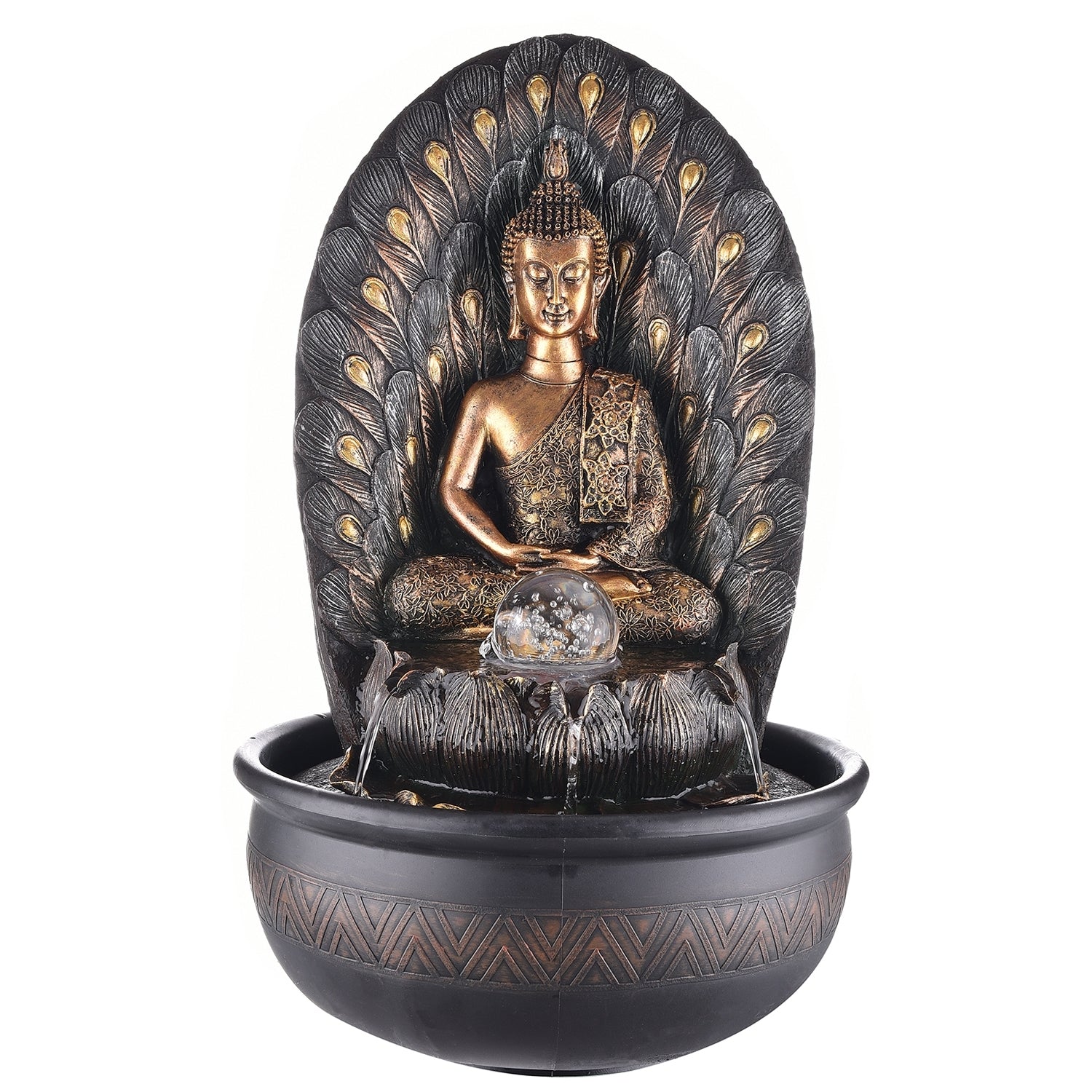 Polystone Leaf Textured Brown and Golden Meditating Buddha Idol Water Fountain With Crystal Ball for Home/Office Decor 4