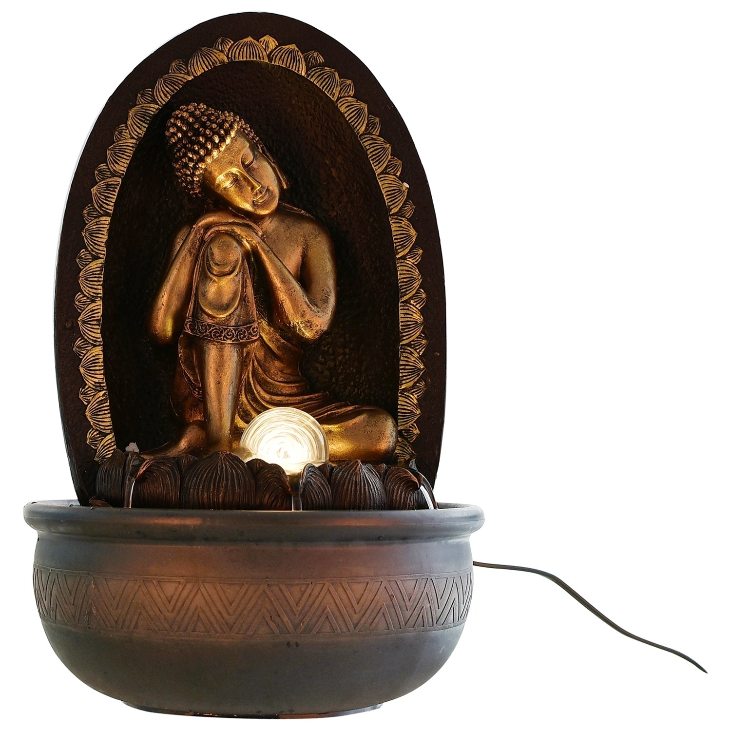 Polystone Brown and Golden Buddha On Knee Statue Water Fountain With Crystal Ball for Home/Office Decor