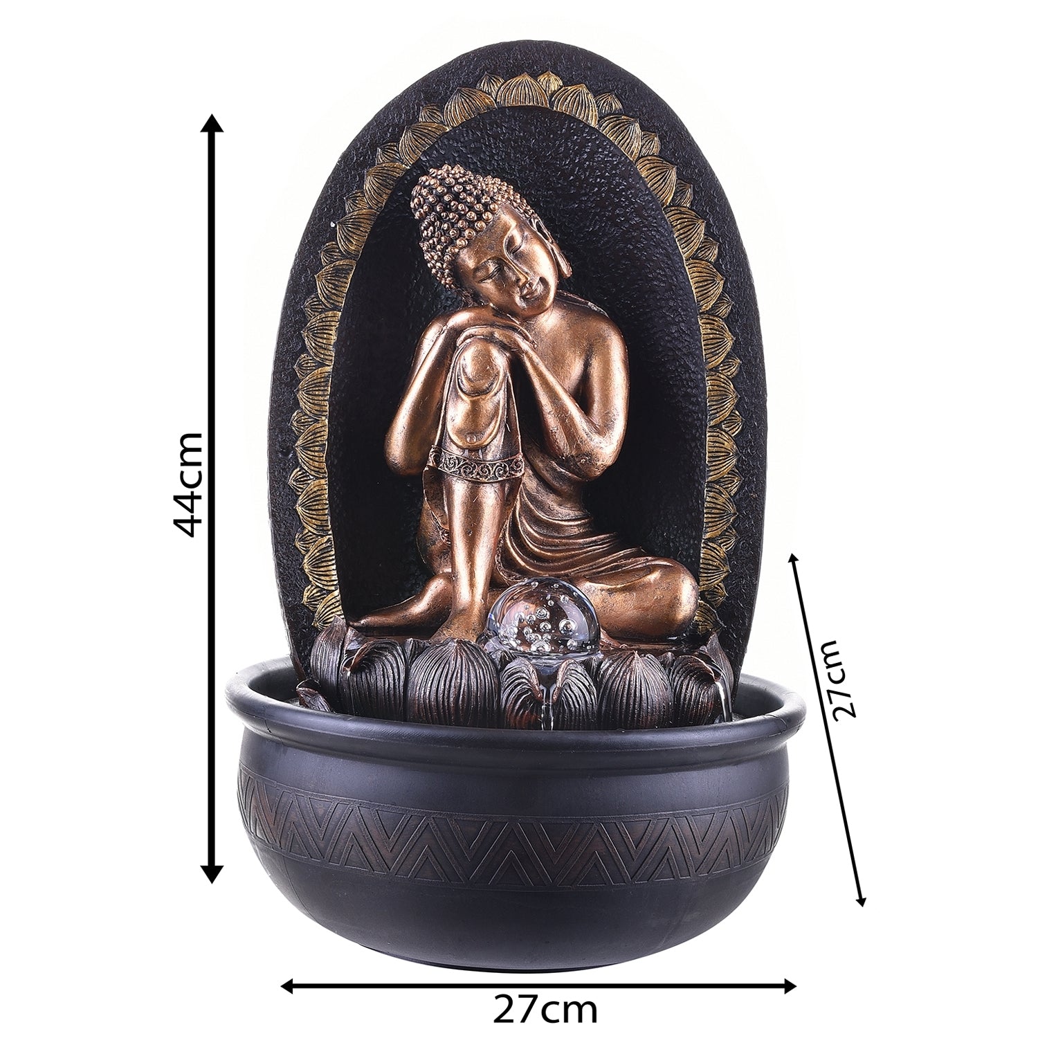 Polystone Brown and Golden Buddha On Knee Statue Water Fountain With Crystal Ball for Home/Office Decor 1