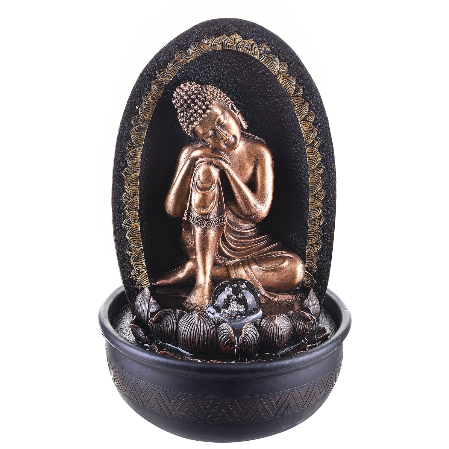 Polystone Brown and Golden Buddha On Knee Statue Water Fountain With Crystal Ball for Home/Office Decor 2