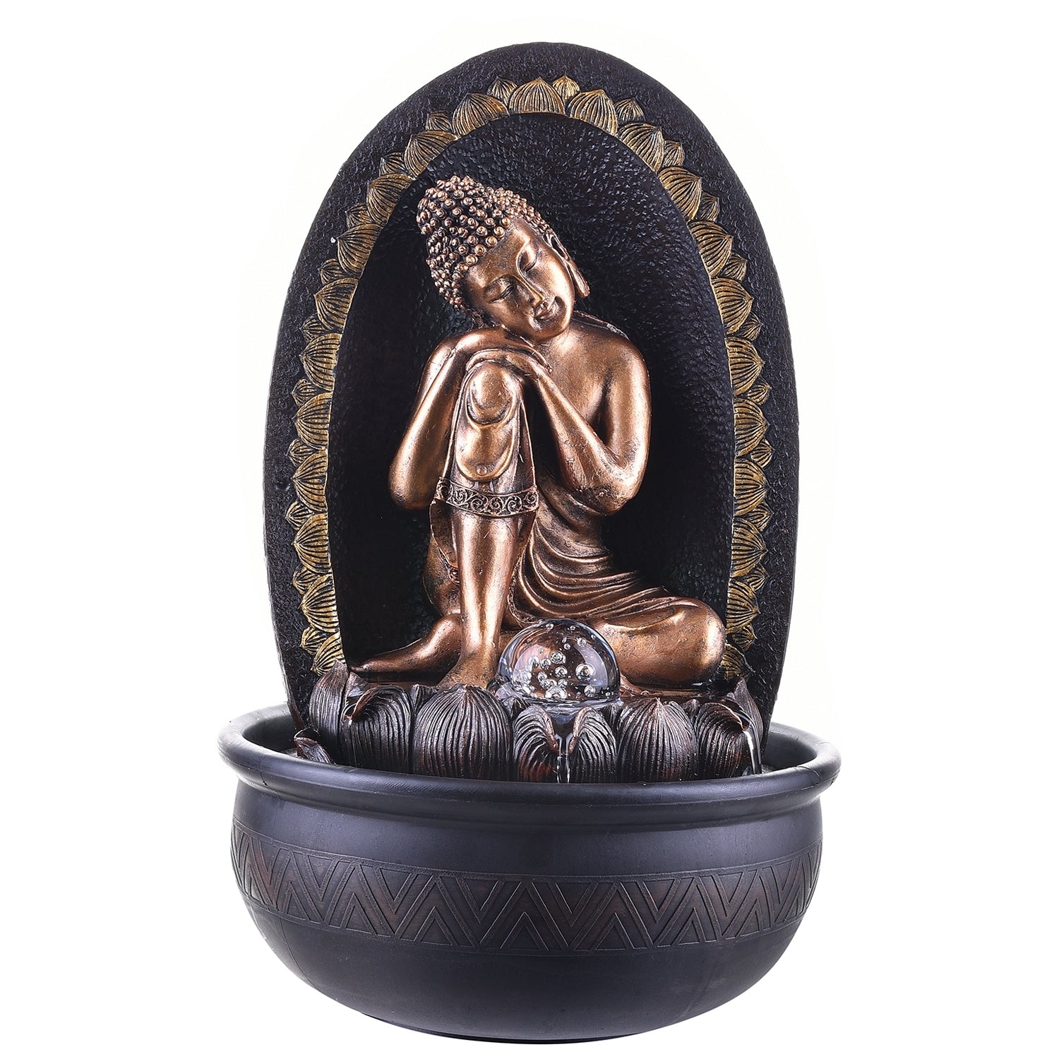 Polystone Brown and Golden Buddha On Knee Statue Water Fountain With Crystal Ball for Home/Office Decor 4