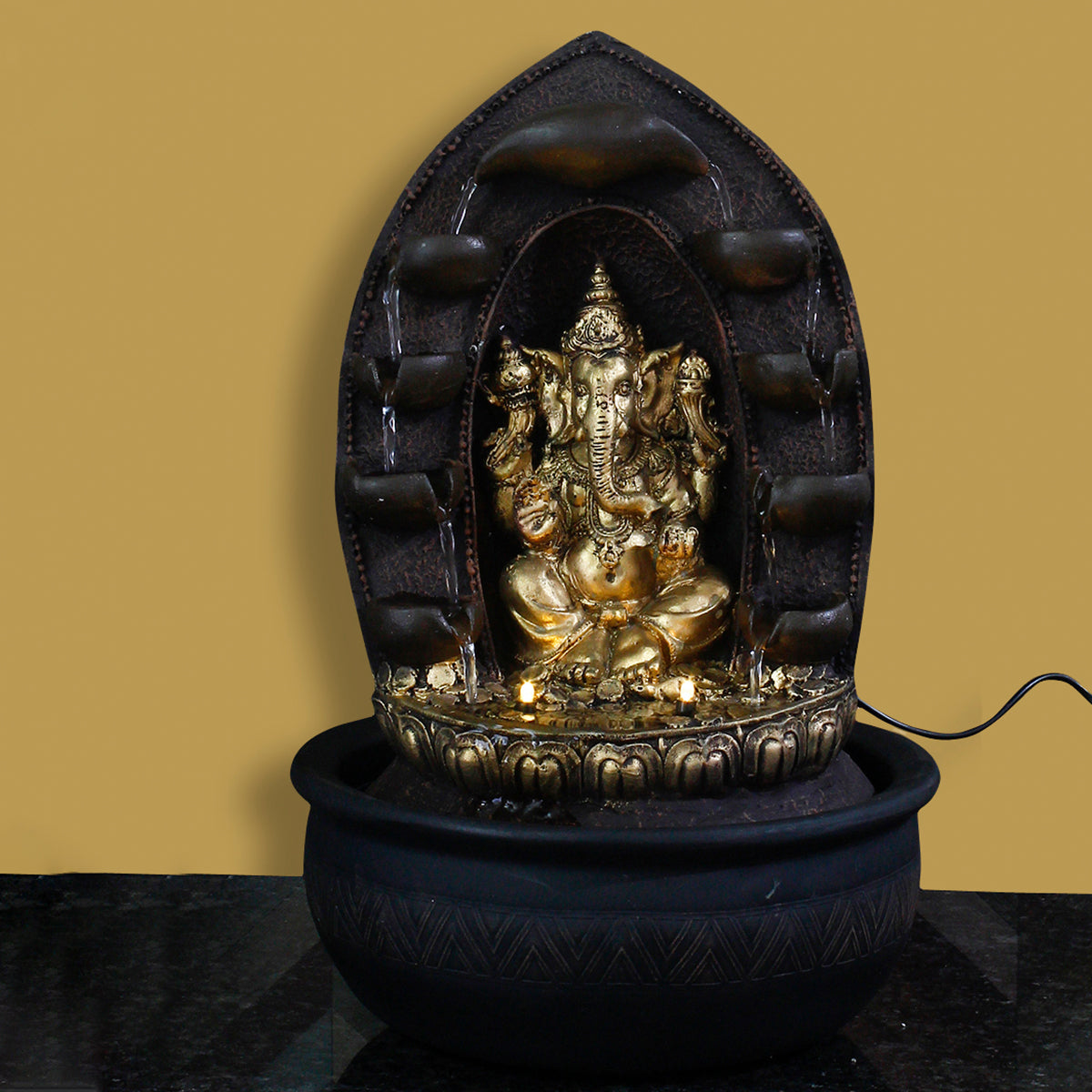 Polystone Black and Golden Decorative Lord Ganesha Statue Water Fountain With Light For Home/Office Décor