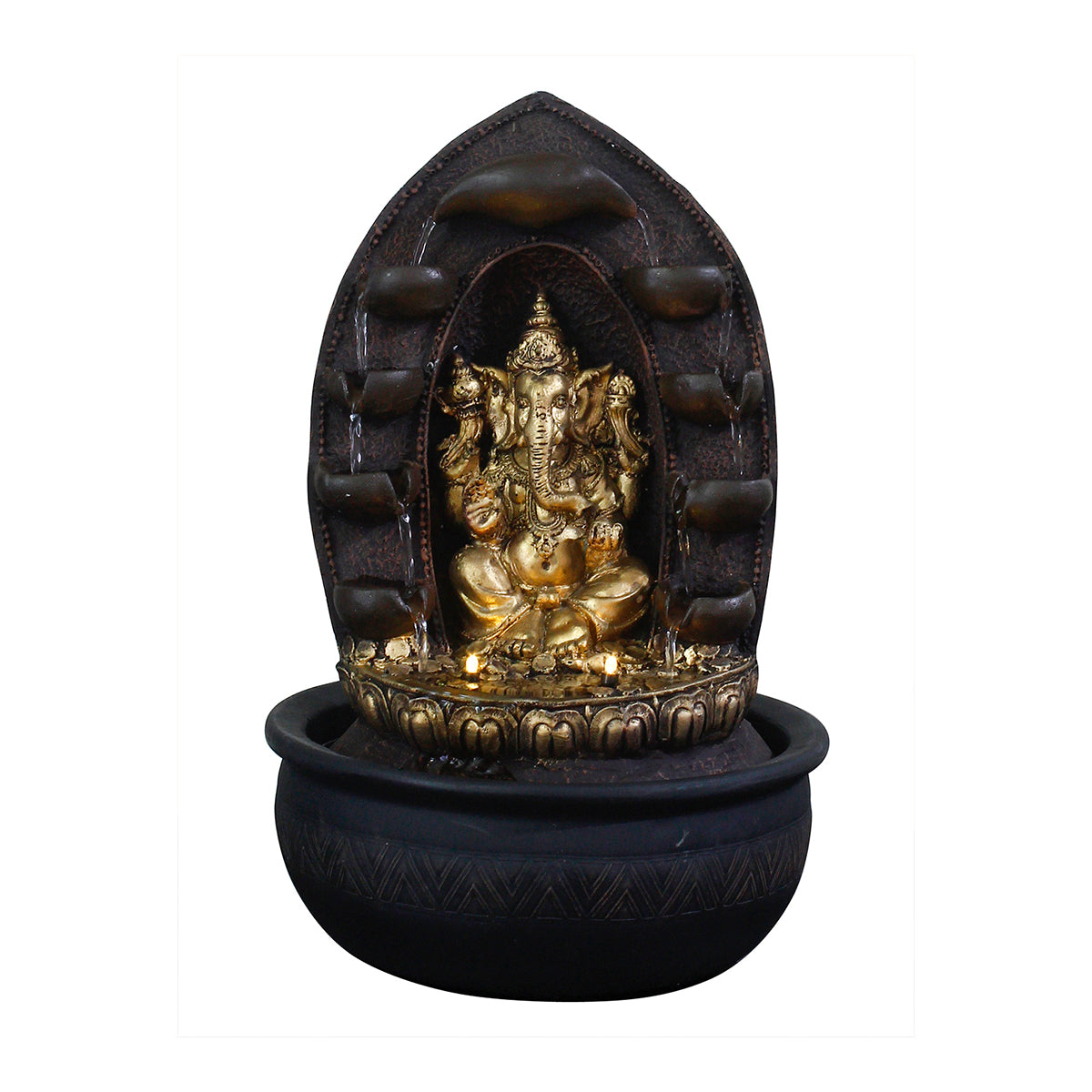 Polystone Black and Golden Decorative Lord Ganesha Statue Water Fountain With Light For Home/Office Décor 1