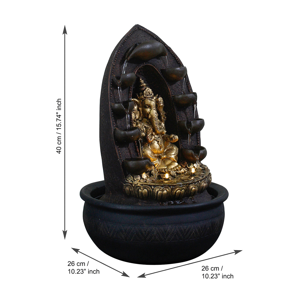 Polystone Black and Golden Decorative Lord Ganesha Statue Water Fountain With Light For Home/Office Décor 2