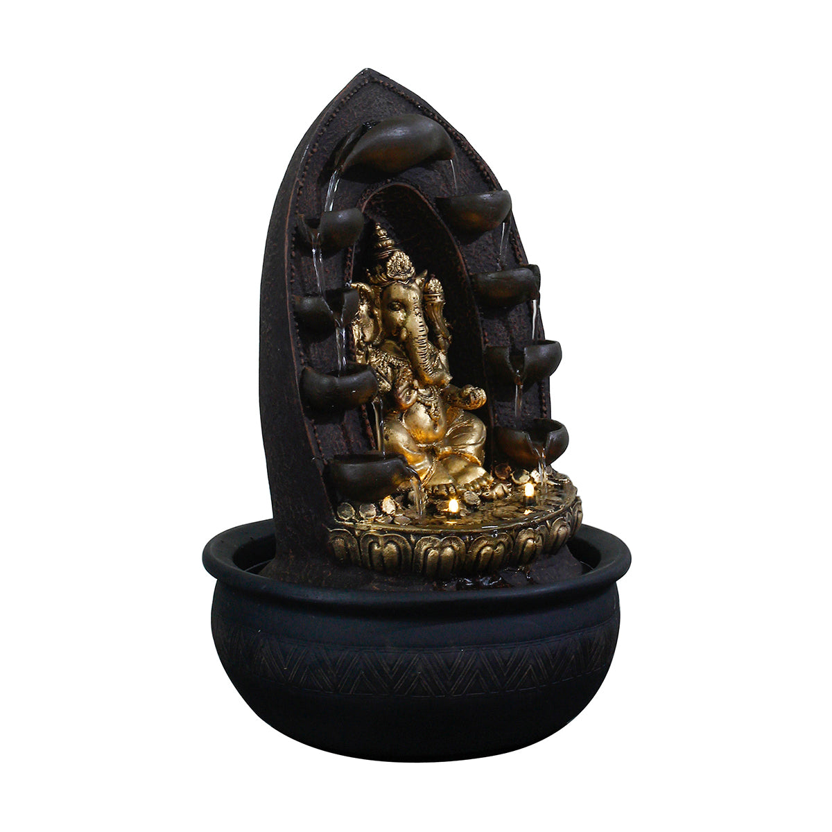 Polystone Black and Golden Decorative Lord Ganesha Statue Water Fountain With Light For Home/Office Décor 3
