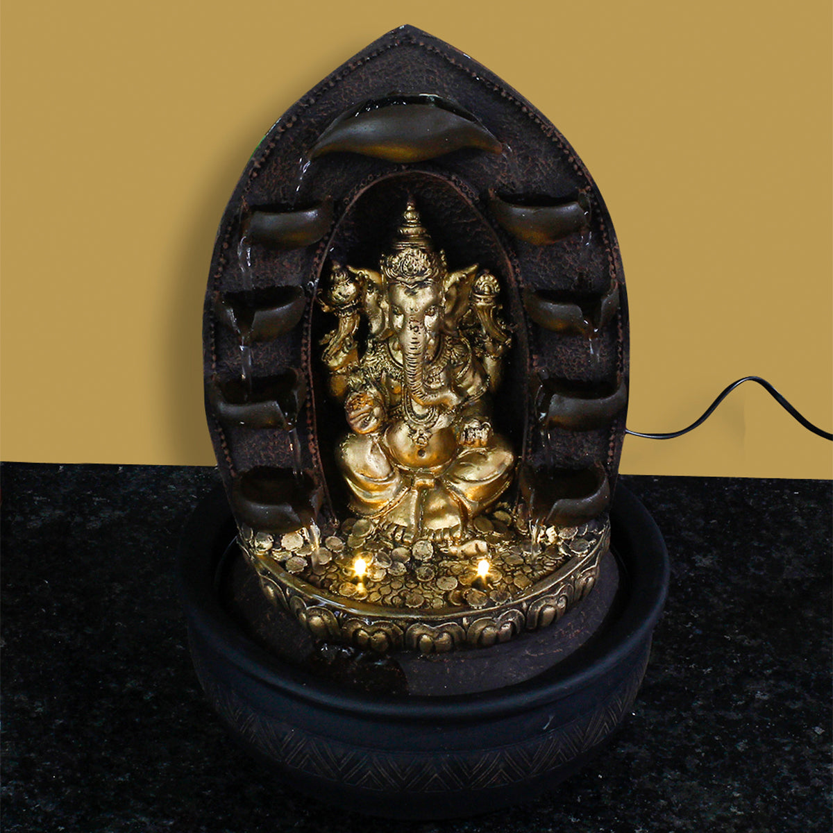 Polystone Black and Golden Decorative Lord Ganesha Statue Water Fountain With Light For Home/Office Décor 4