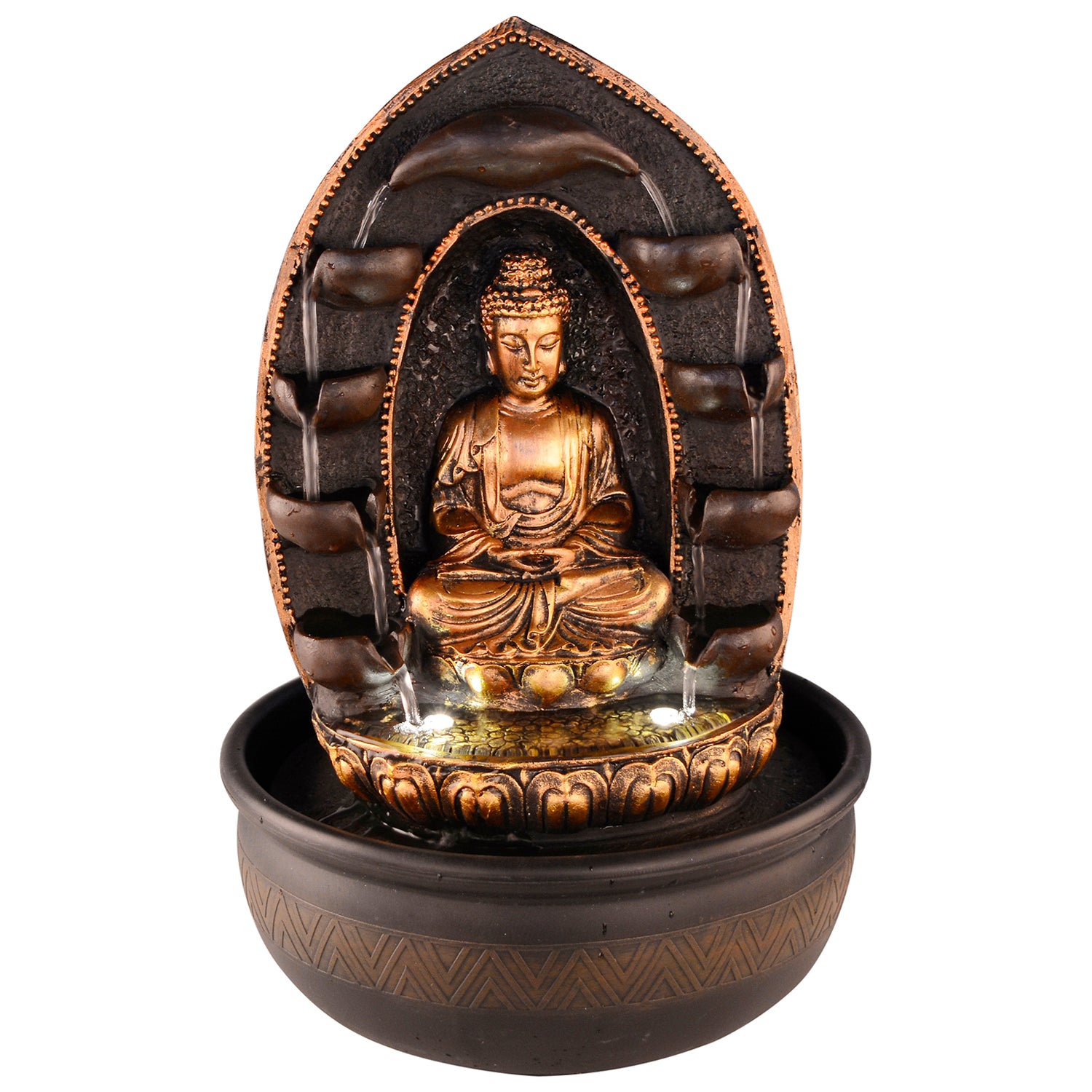 Polystone Brown and Golden Lotus Meditating Buddha Idol Water Fountain With Crystal Ball for Home/Office Decor