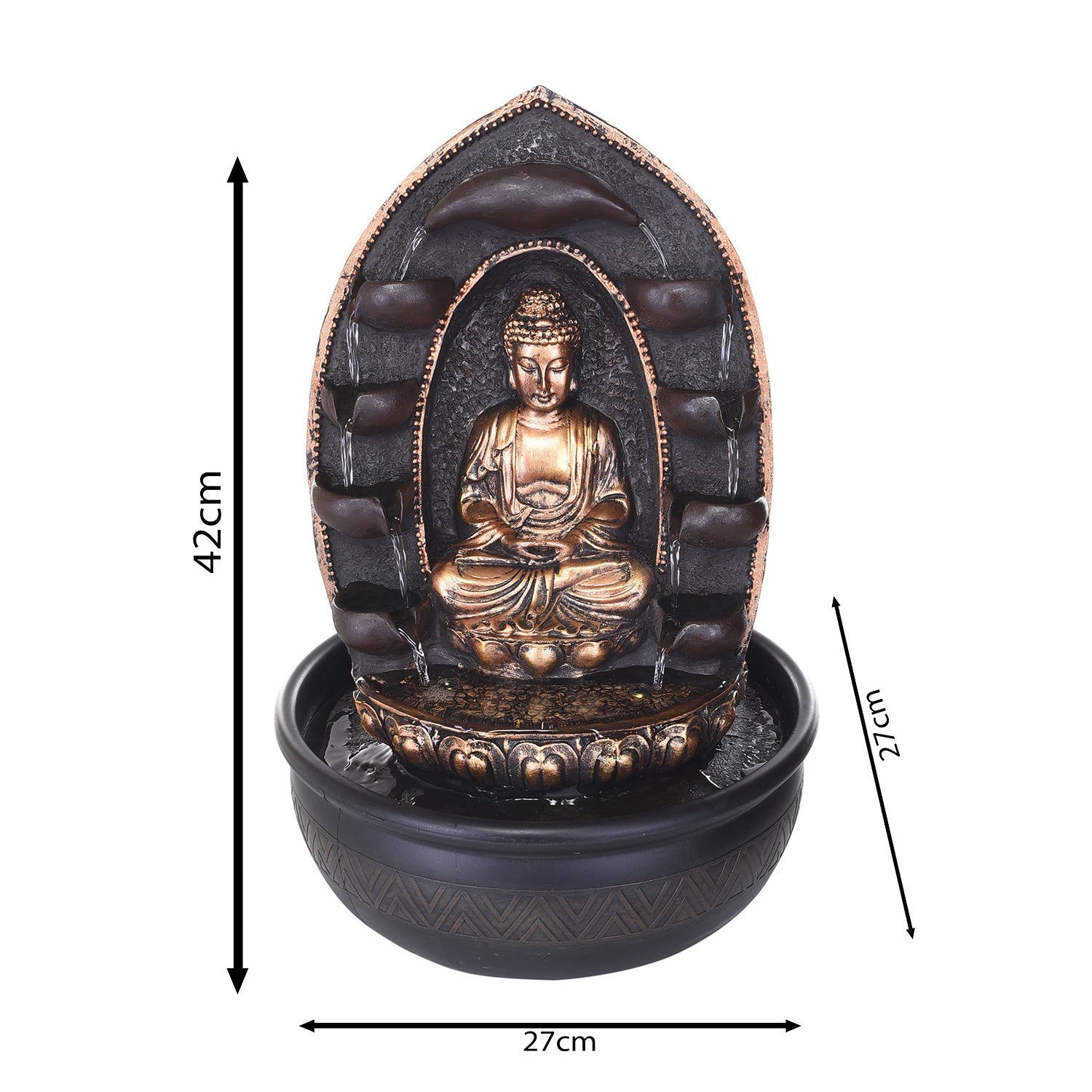 Polystone Brown and Golden Lotus Meditating Buddha Idol Water Fountain With Crystal Ball for Home/Office Decor 1
