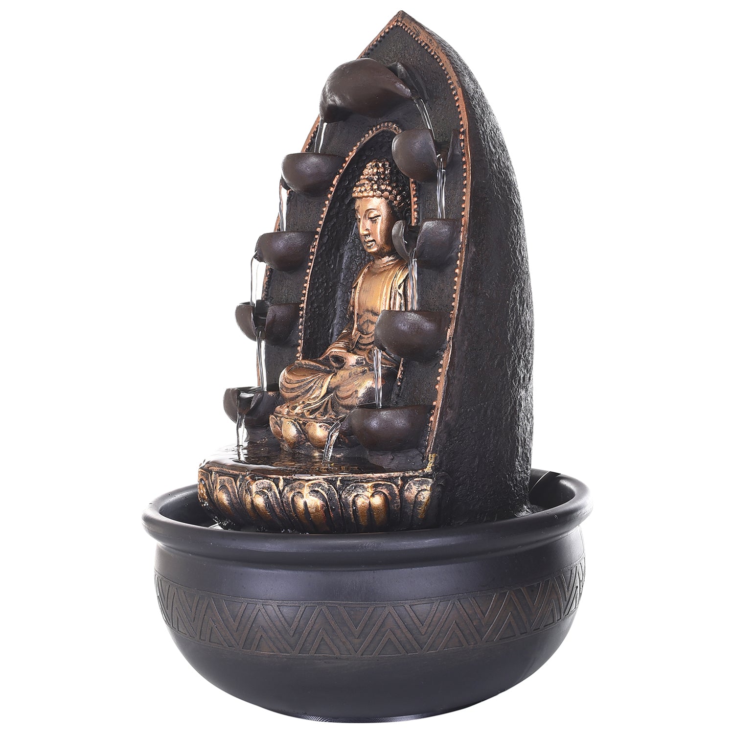 Polystone Brown and Golden Lotus Meditating Buddha Idol Water Fountain With Crystal Ball for Home/Office Decor 2