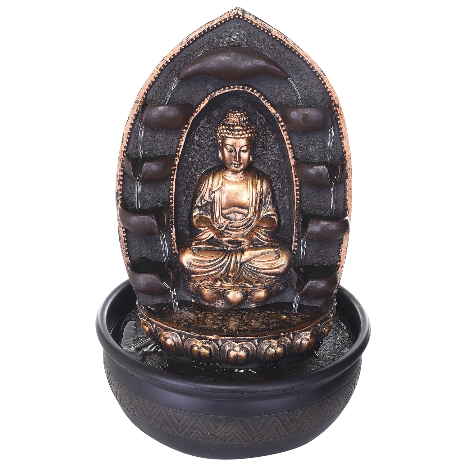 Polystone Brown and Golden Lotus Meditating Buddha Idol Water Fountain With Crystal Ball for Home/Office Decor 3