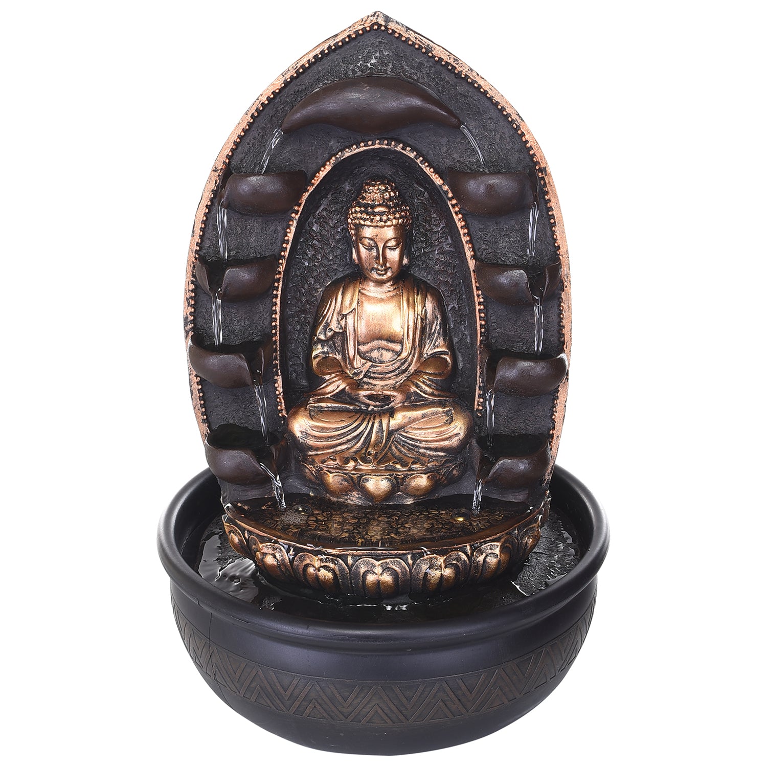 Polystone Brown and Golden Lotus Meditating Buddha Idol Water Fountain With Crystal Ball for Home/Office Decor 4