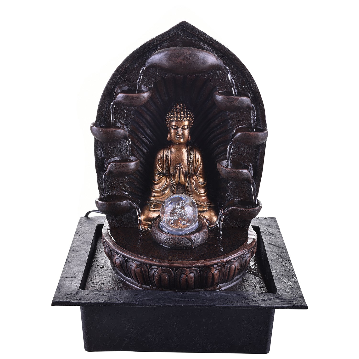 Polystone Brown Textured Meditating Lord Buddha Statue With Crystal Ball Water Fountain for Home/Office Décor