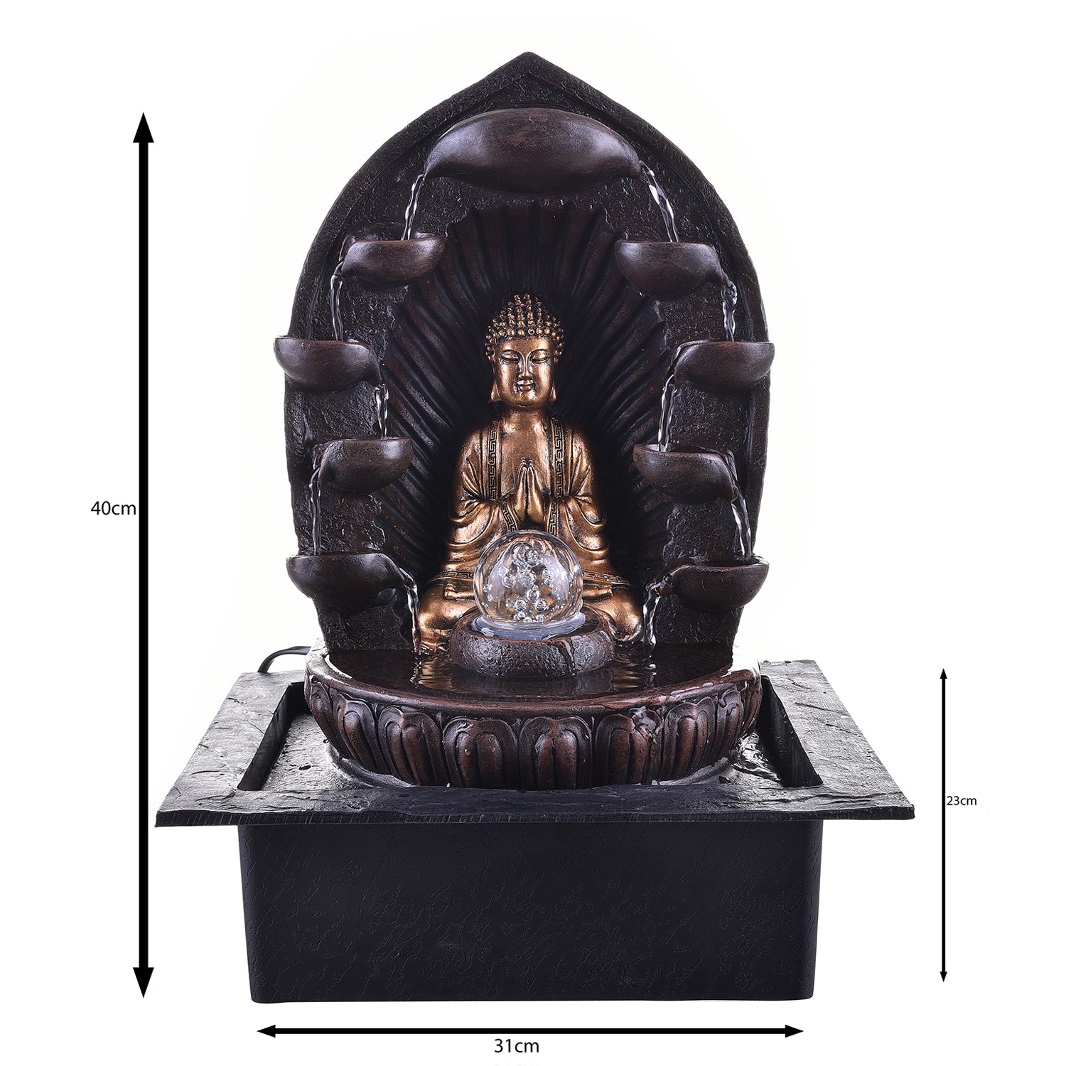 Polystone Brown Textured Meditating Lord Buddha Statue With Crystal Ball Water Fountain for Home/Office Décor 1