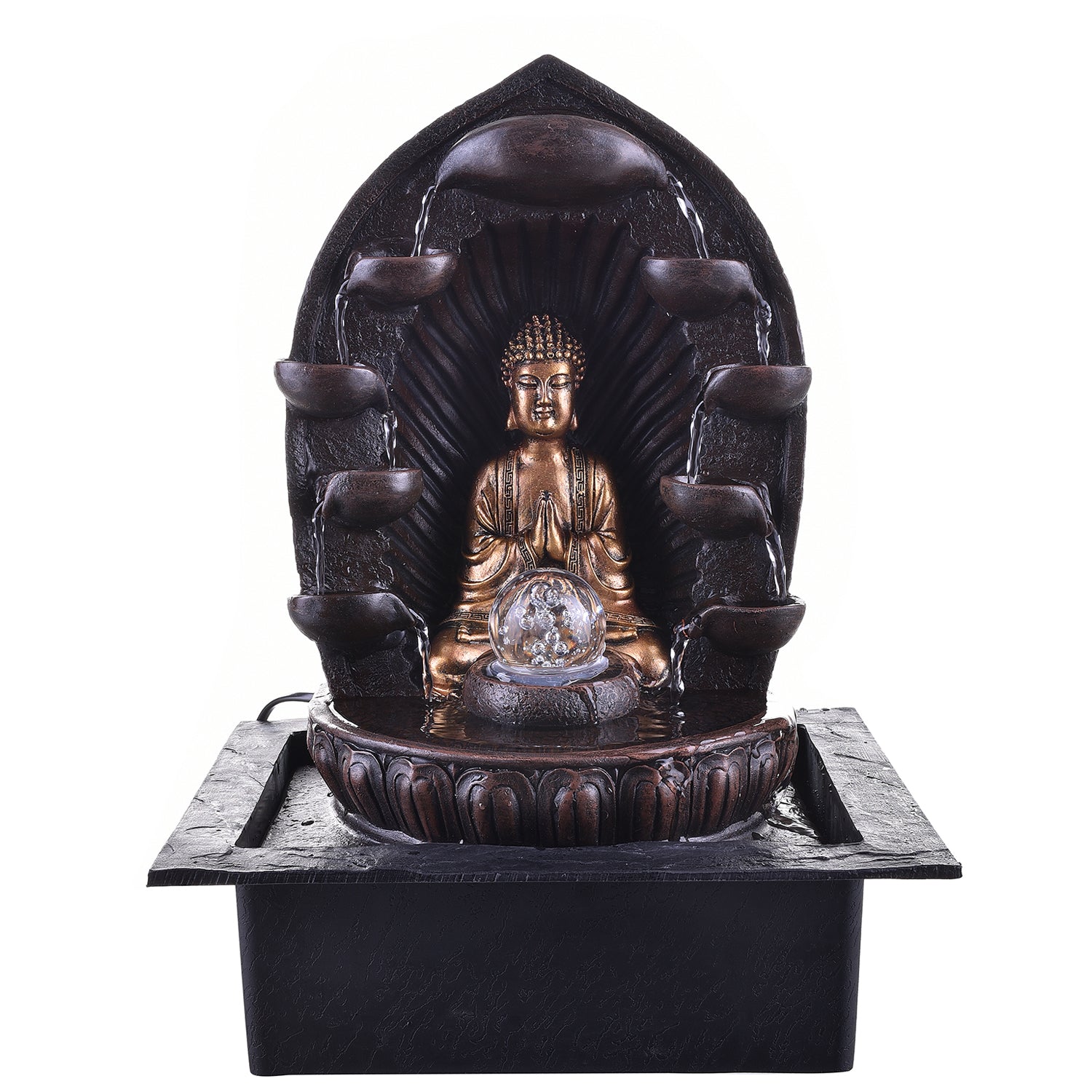Polystone Brown Textured Meditating Lord Buddha Statue With Crystal Ball Water Fountain for Home/Office Décor 3