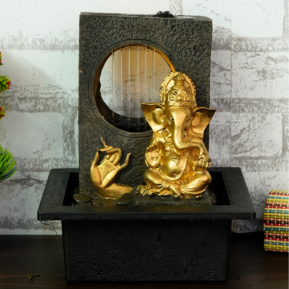 Polystone Black and Golden Lord Ganesha Statue Water Fountain With Light Home/Office Decor