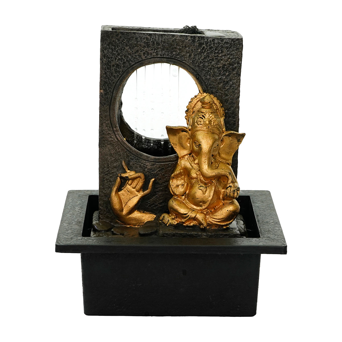 Polystone Black and Golden Lord Ganesha Statue Water Fountain With Light Home/Office Decor 1