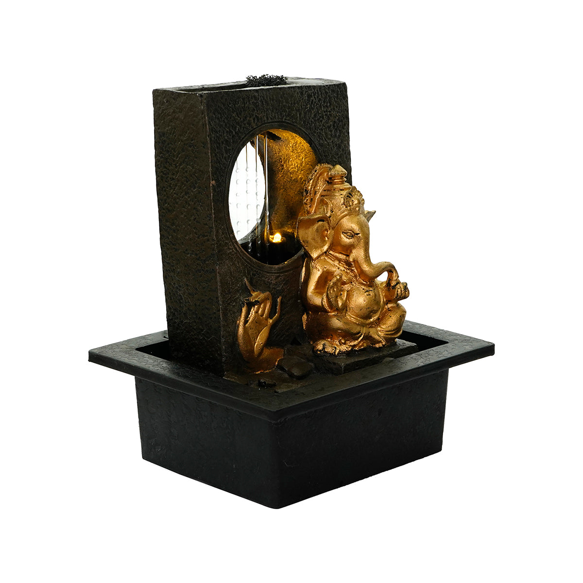 Polystone Black and Golden Lord Ganesha Statue Water Fountain With Light Home/Office Decor 3