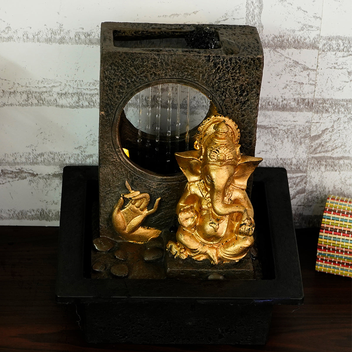 Polystone Black and Golden Lord Ganesha Statue Water Fountain With Light Home/Office Decor 4