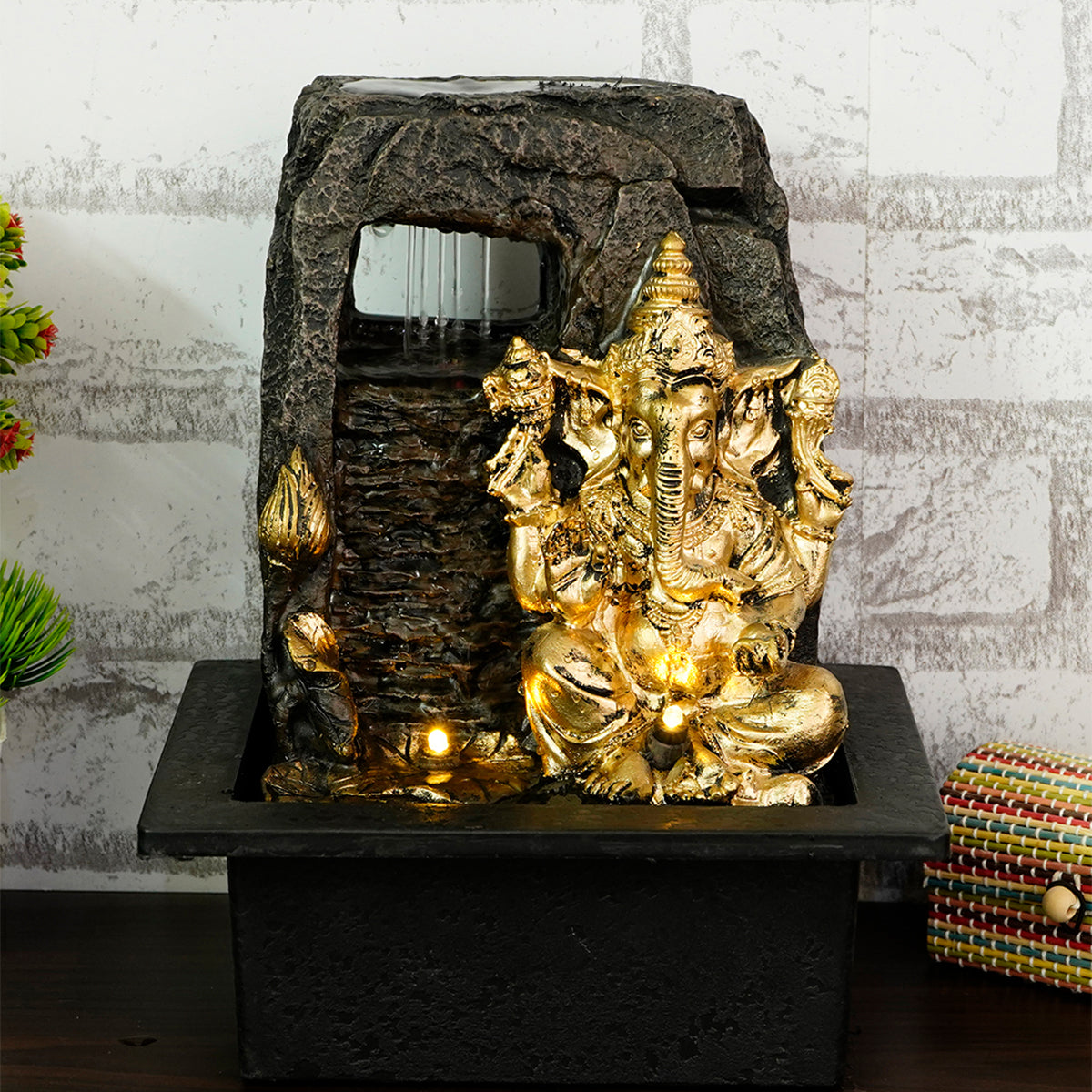 Polystone Black and Golden Lord Ganesha Water Fountain With Light For Home/Office/Indoor Decor