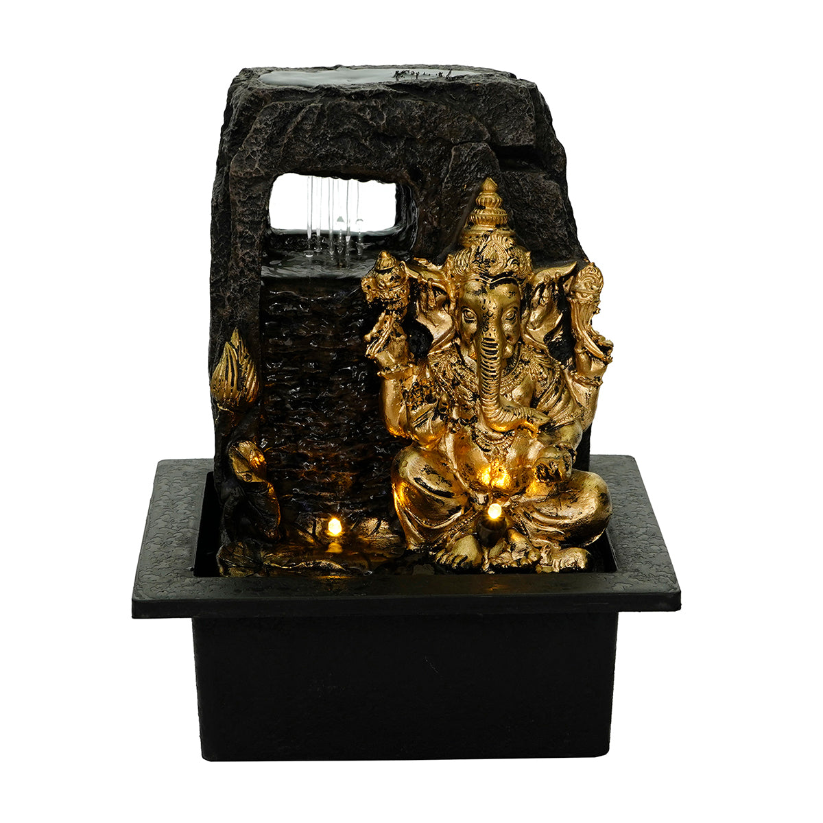 Polystone Black and Golden Lord Ganesha Water Fountain With Light For Home/Office/Indoor Decor 1