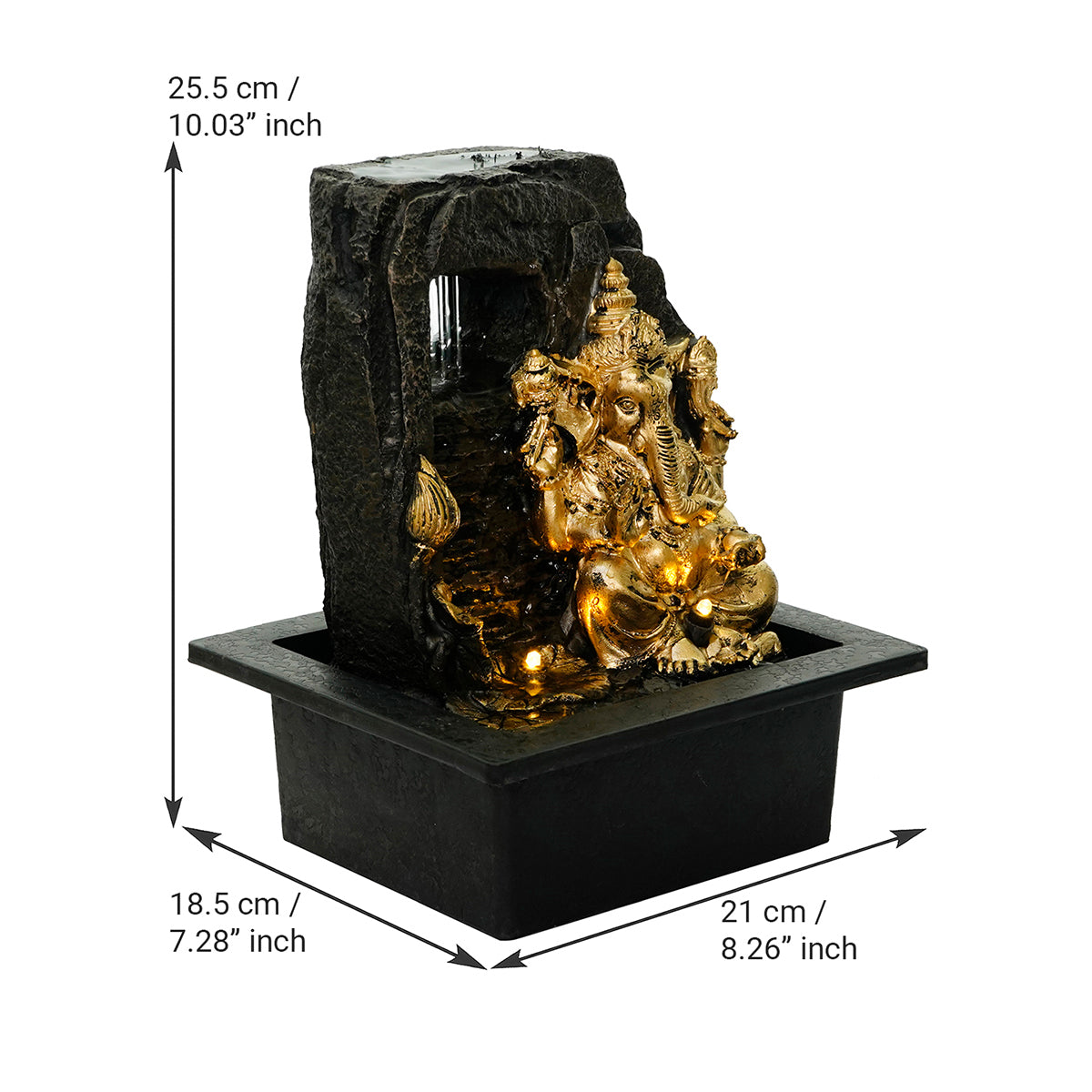 Polystone Black and Golden Lord Ganesha Water Fountain With Light For Home/Office/Indoor Decor 2