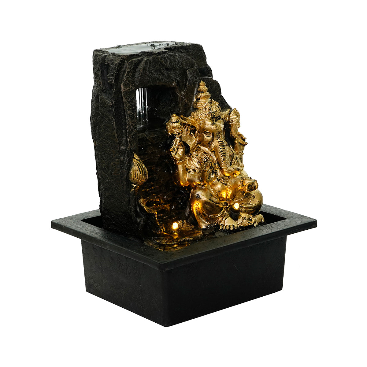 Polystone Black and Golden Lord Ganesha Water Fountain With Light For Home/Office/Indoor Decor 3