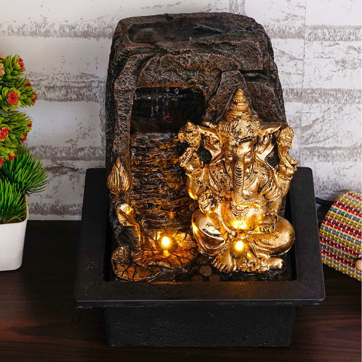 Polystone Black and Golden Lord Ganesha Water Fountain With Light For Home/Office/Indoor Decor 4