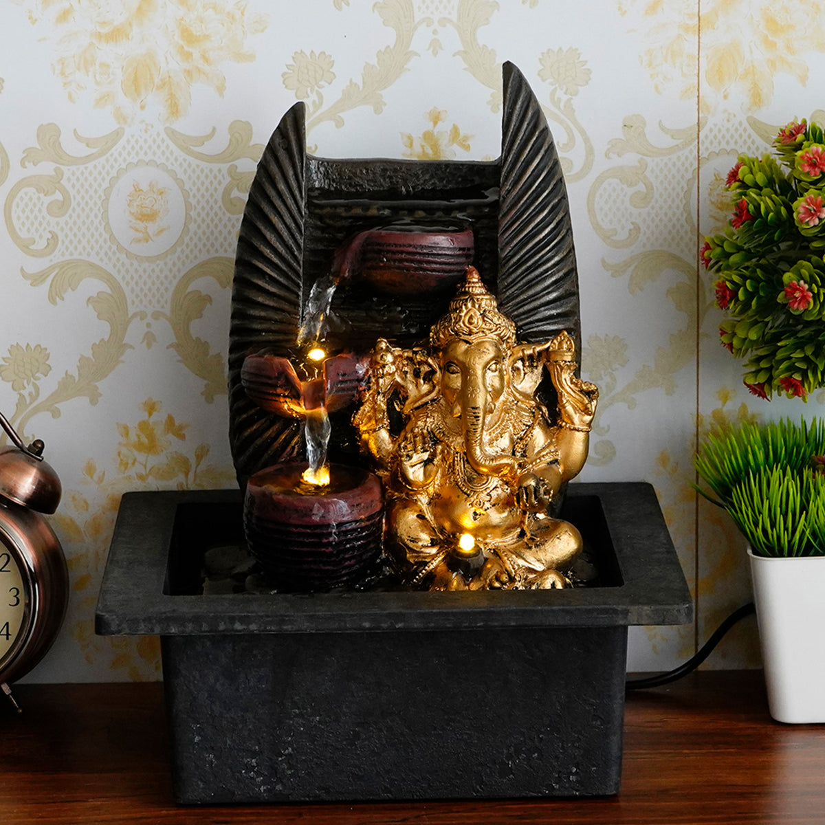 Lord Ganesha Black and Gold Decorative Polystone Water Fountain With Light