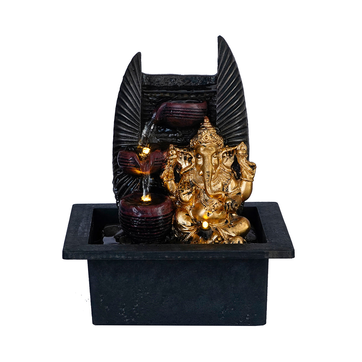 Lord Ganesha Black and Gold Decorative Polystone Water Fountain With Light 1