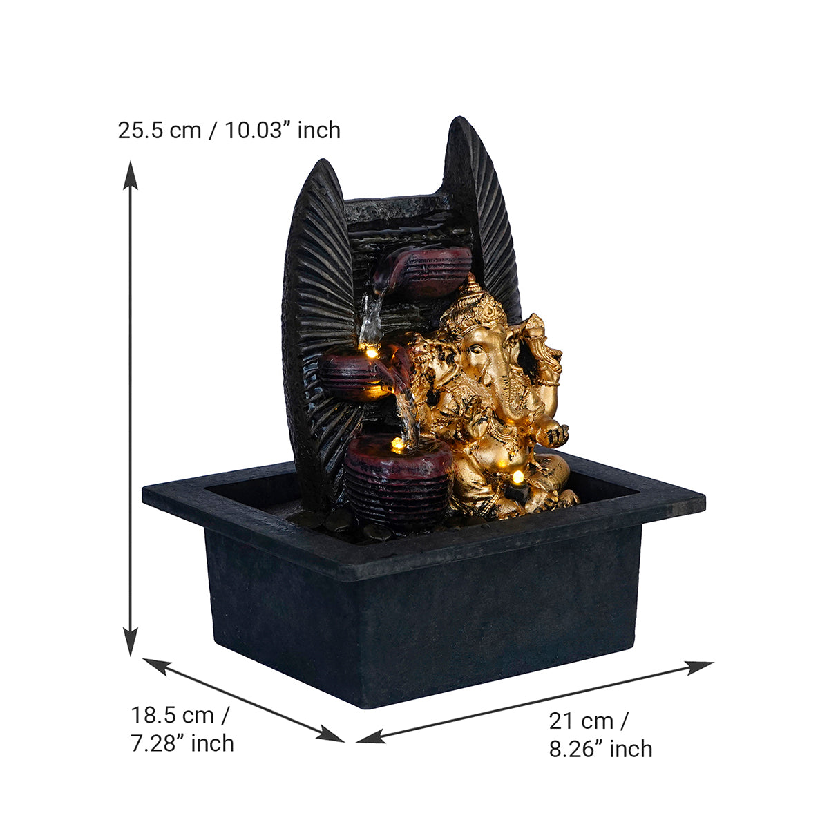 Lord Ganesha Black and Gold Decorative Polystone Water Fountain With Light 2