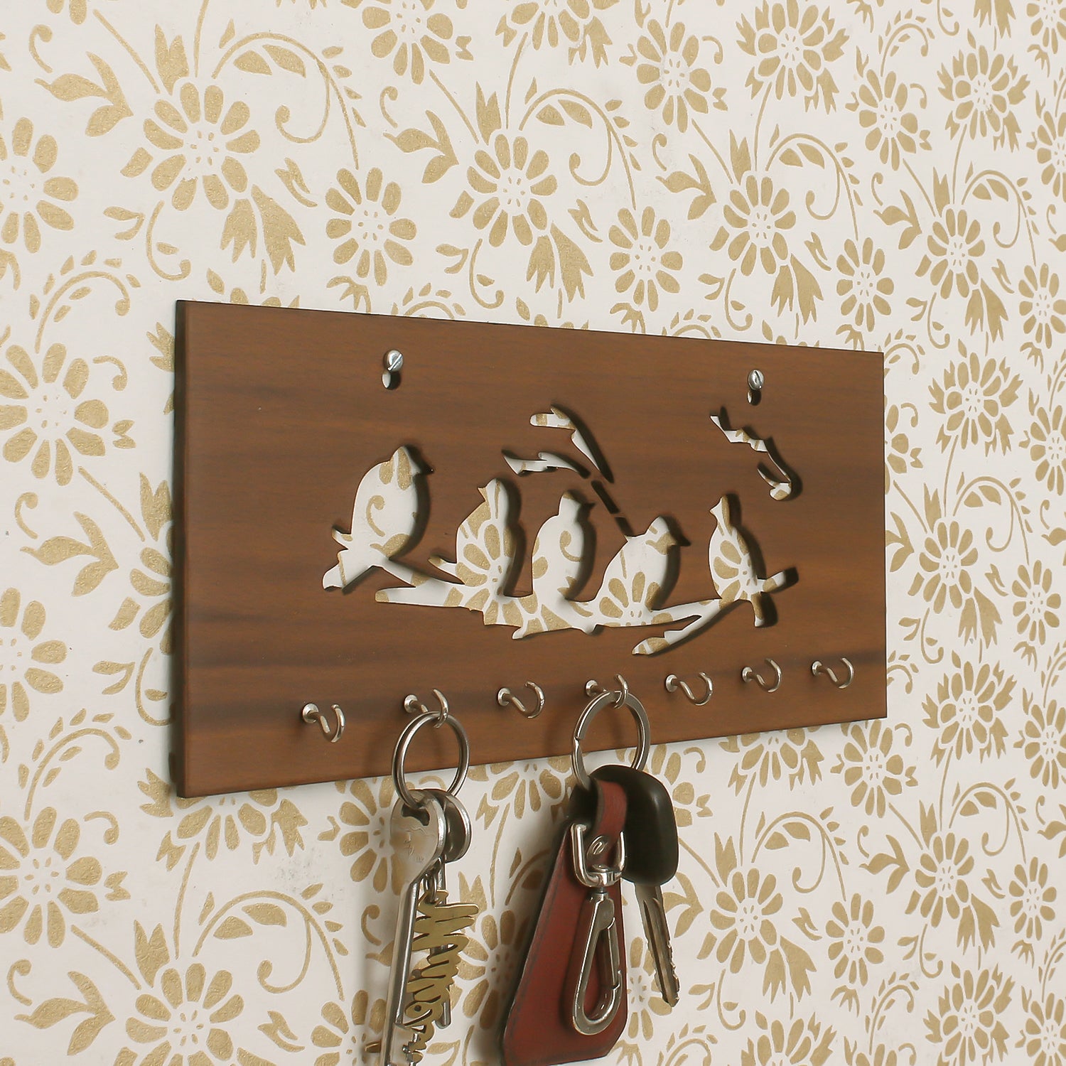 Brown Birds on Branches Theme Wooden Key Holder with 7 Hooks