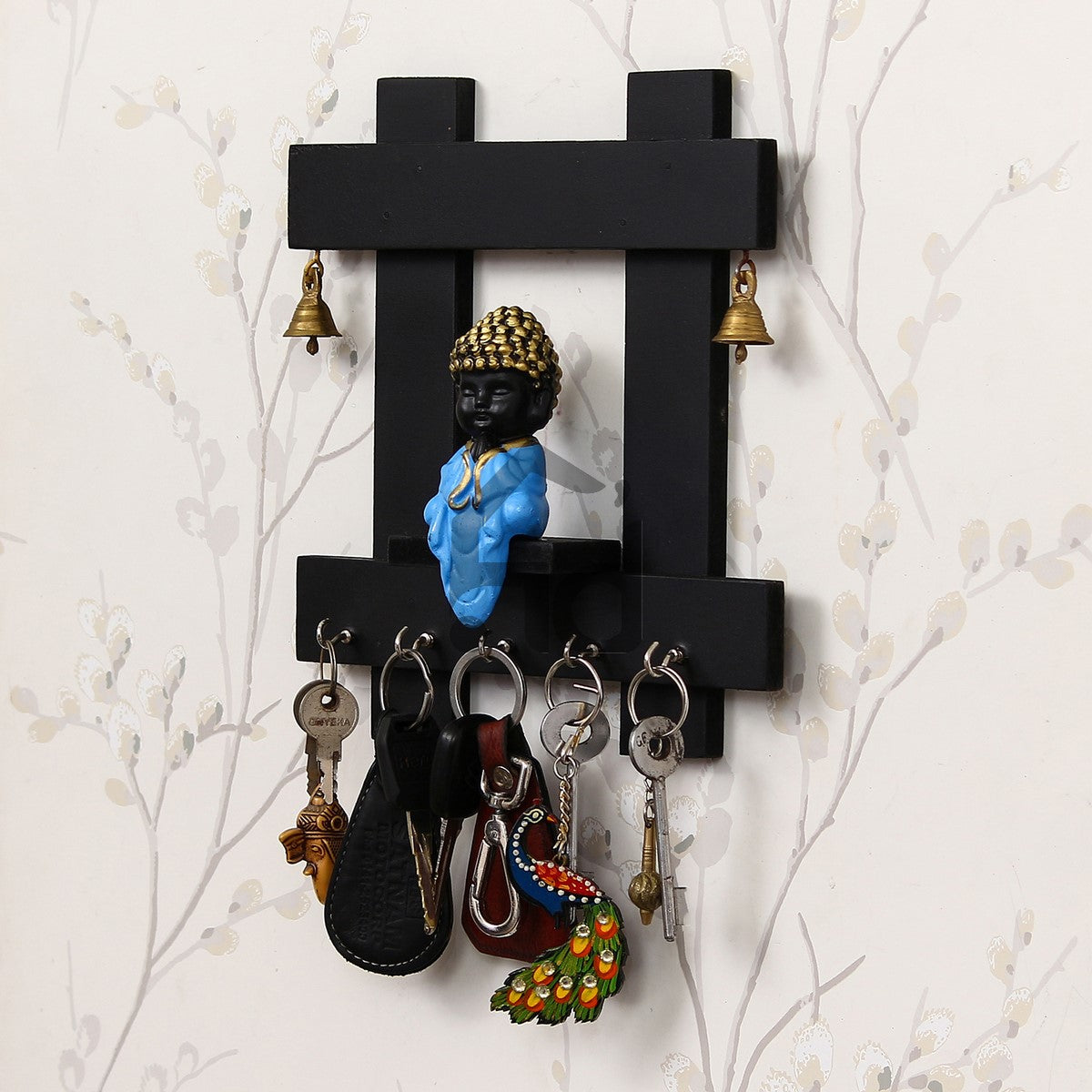 Blue and Black Peaceful Monk Buddha Idol Sitting Wooden Keyholder with 5 Key hooks 1