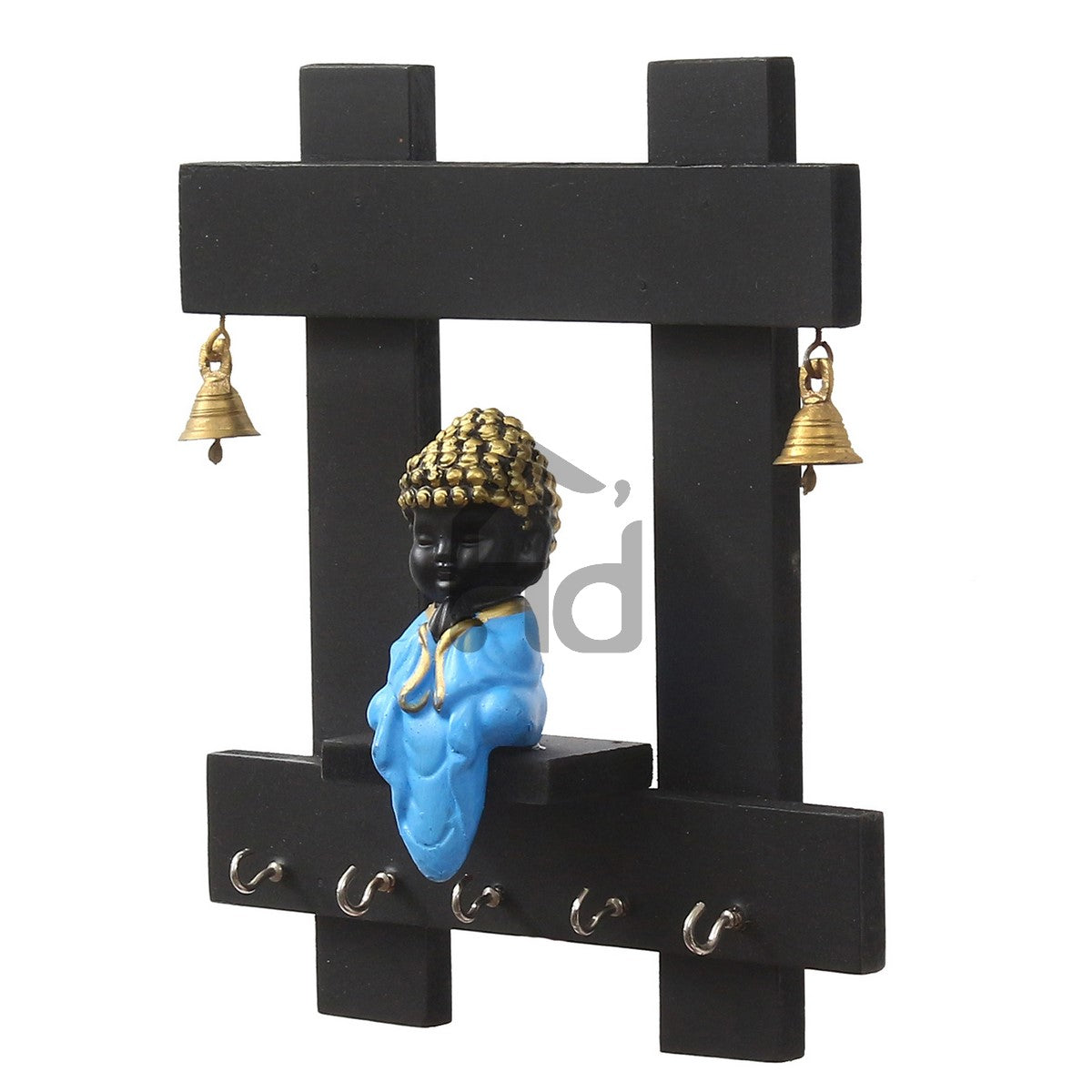 Blue and Black Peaceful Monk Buddha Idol Sitting Wooden Keyholder with 5 Key hooks 4