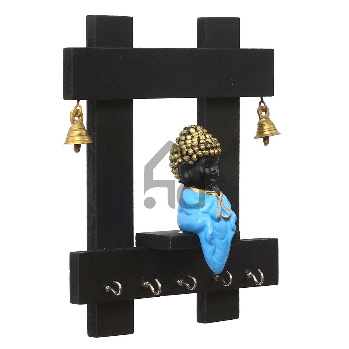 Blue and Black Peaceful Monk Buddha Idol Sitting Wooden Keyholder with 5 Key hooks 5