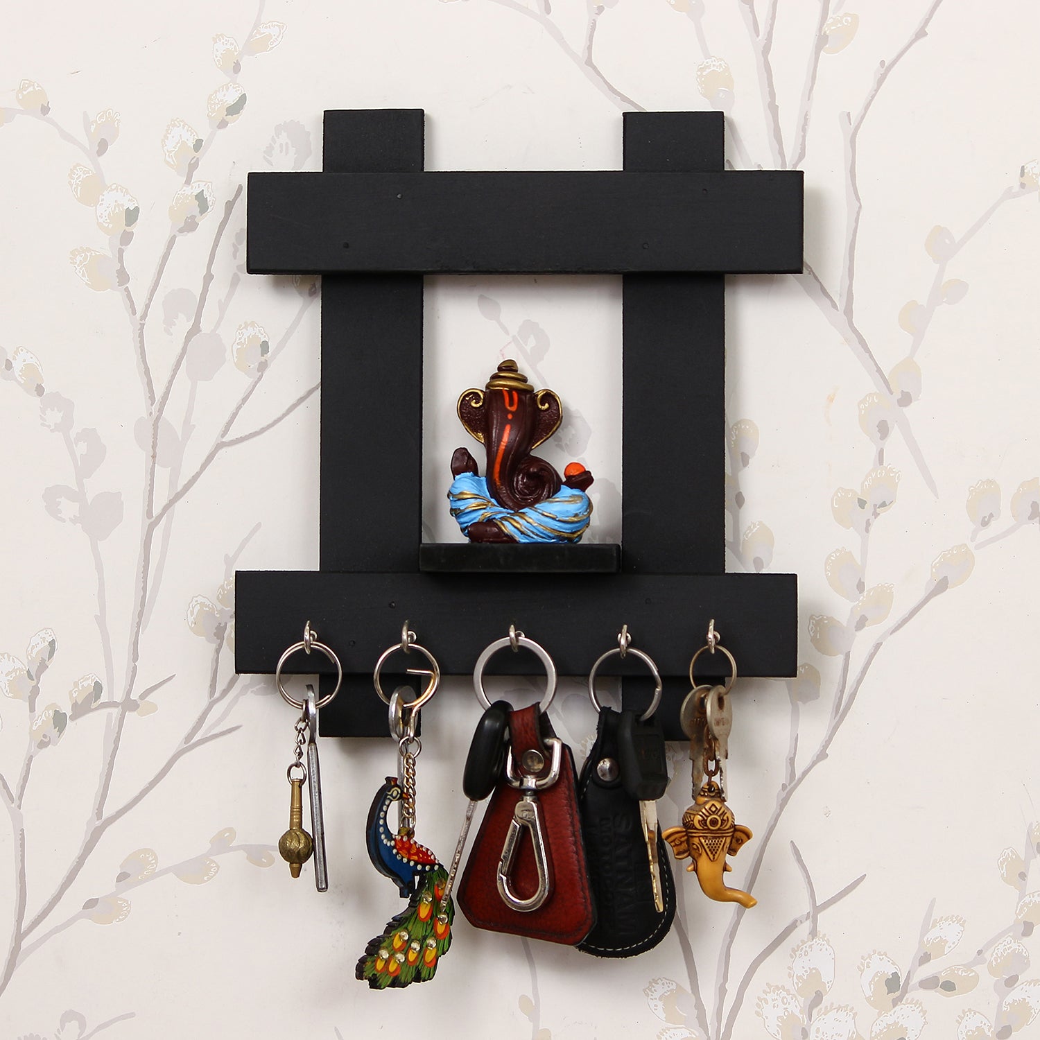 Polyresin Lord Ganesha Idol Wooden Key holder with 5 Key Hooks