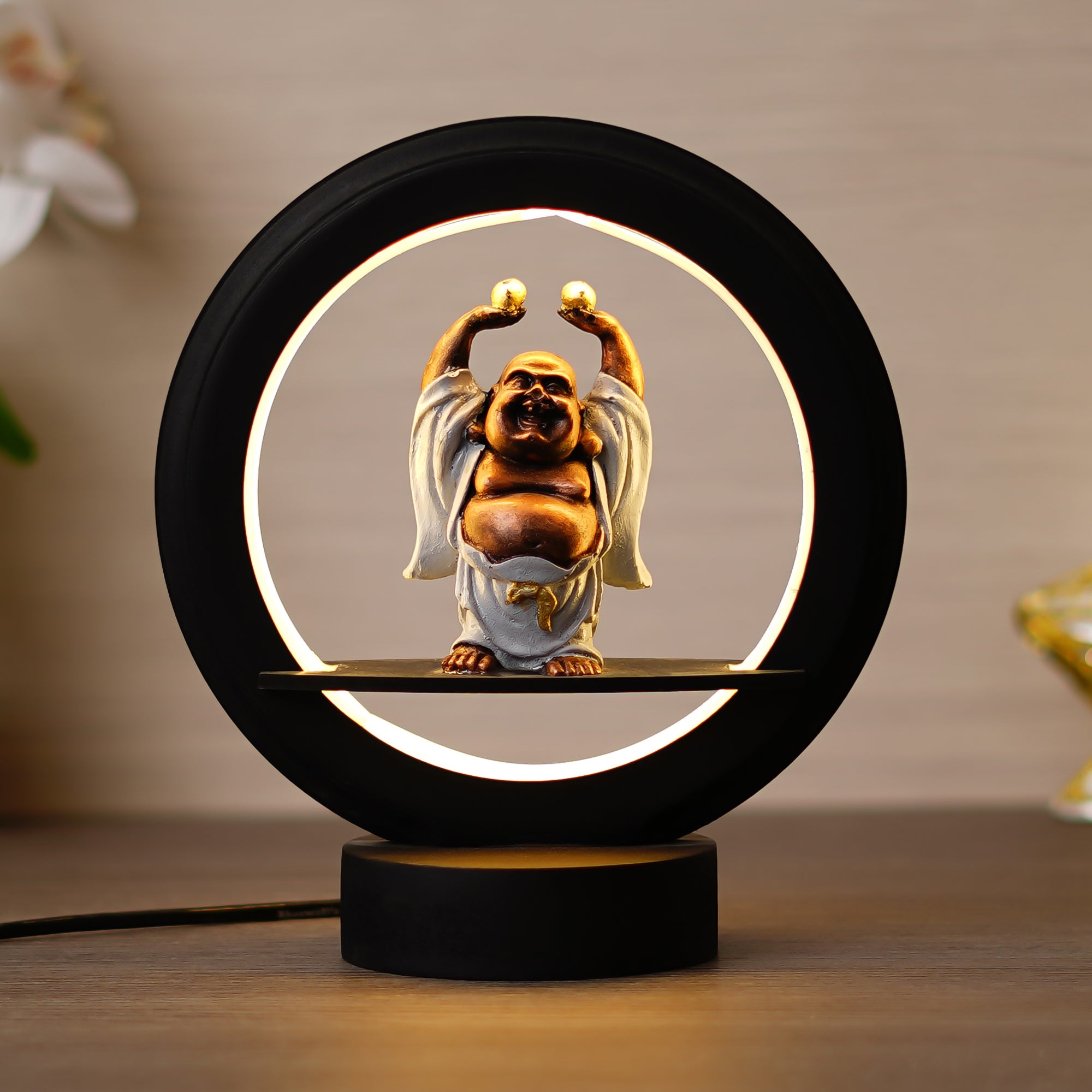 Standing Laughing Buddha Monk Decorative Circular Night Lamp